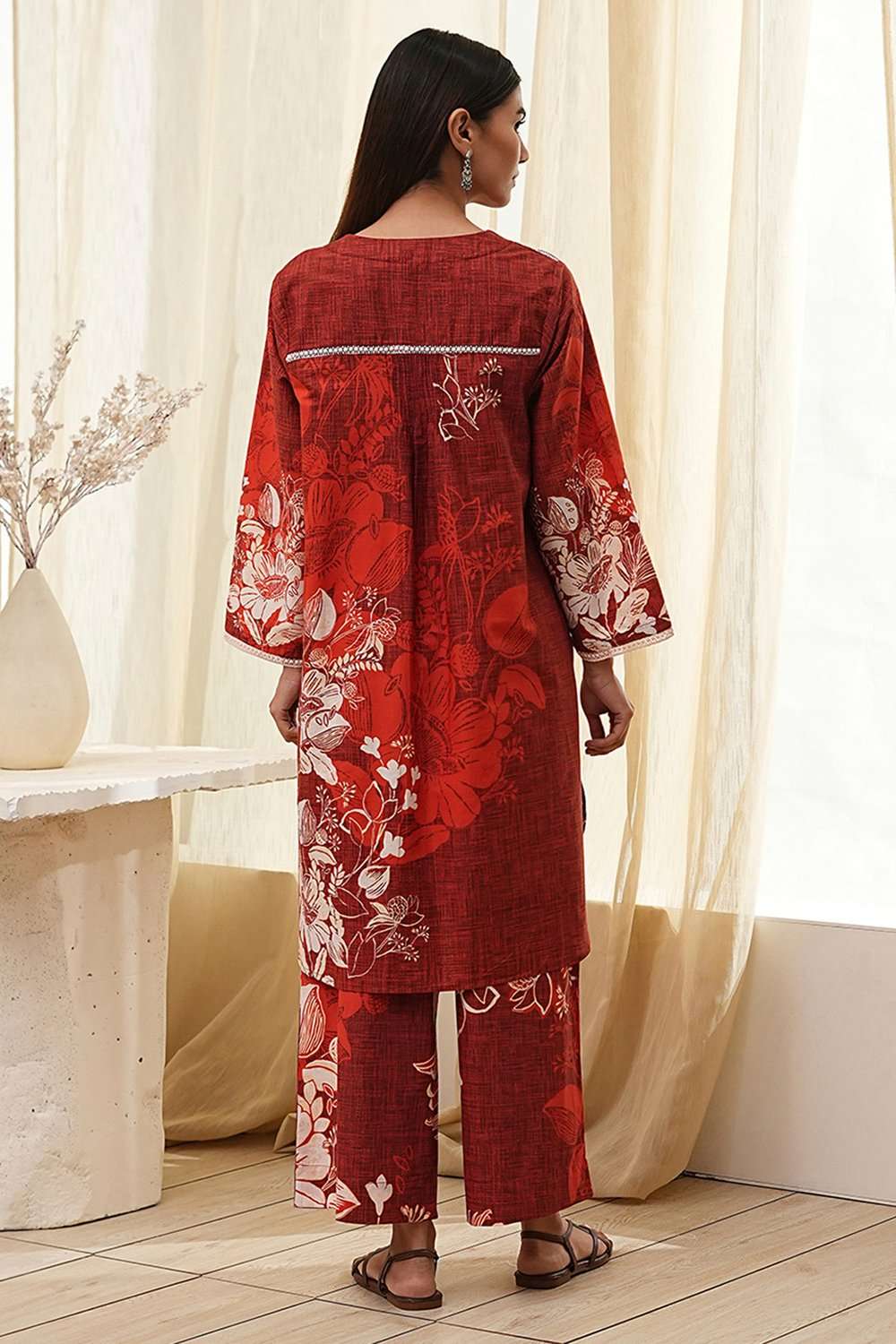 Rust Cotton Floral Straight Kurta Set image number 4