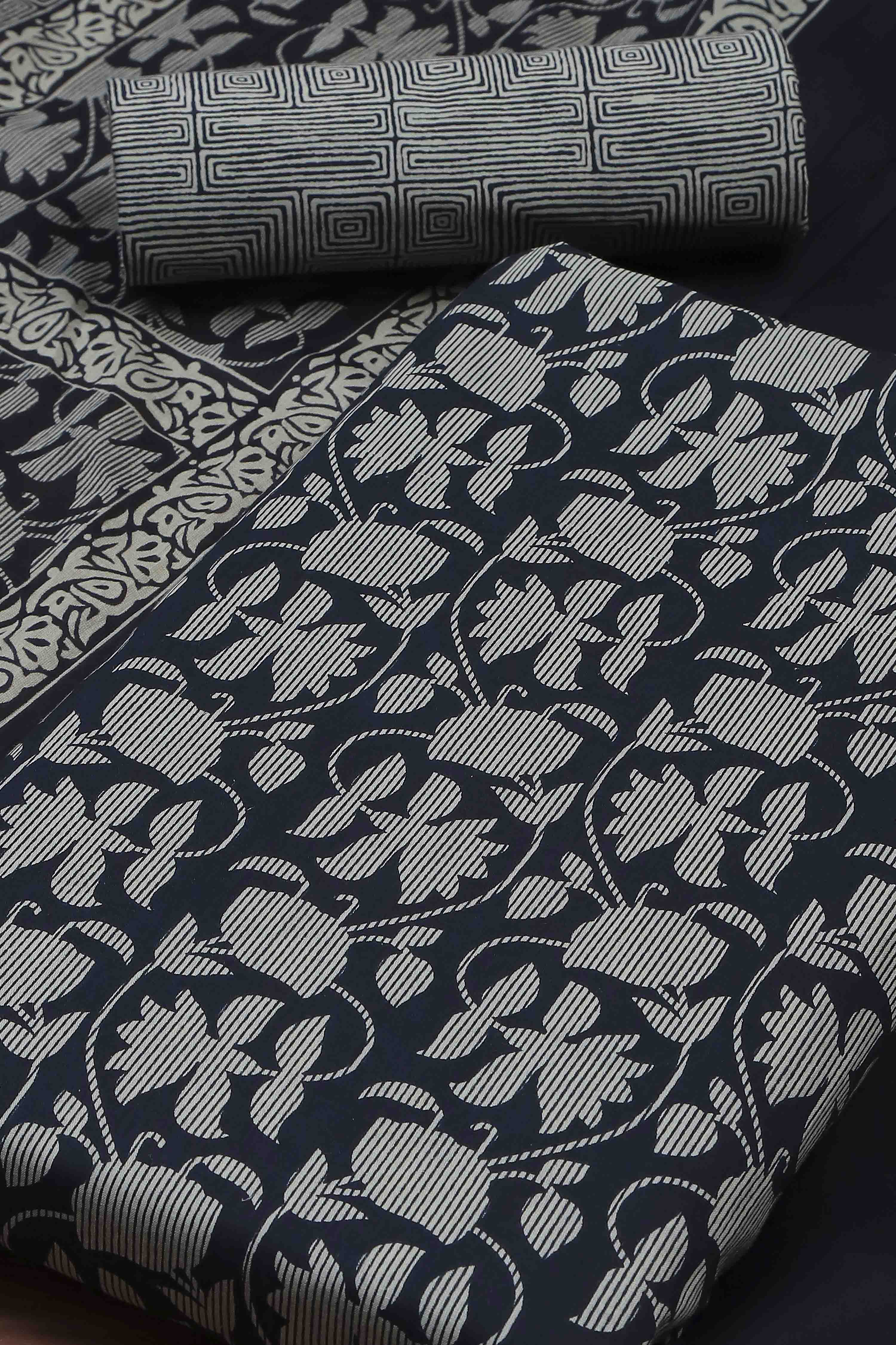 Indigo Cotton Screen Print Unstitched Suit Set image number 1