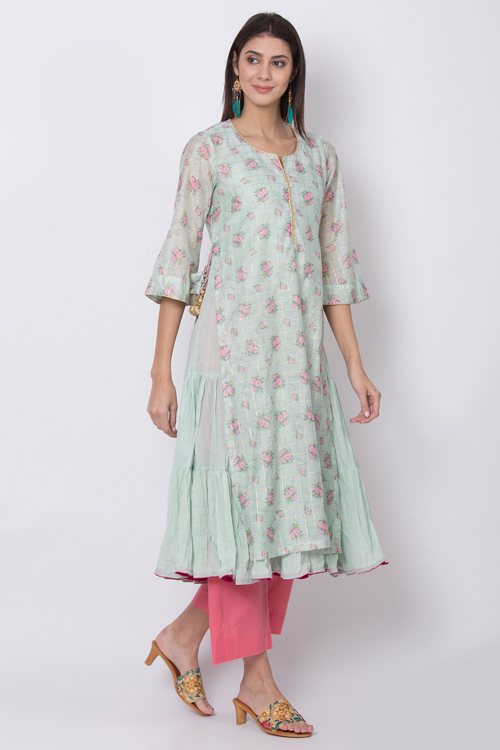 Mint Green Poly Metallic Cotton Flared Printed Kurta image number 4