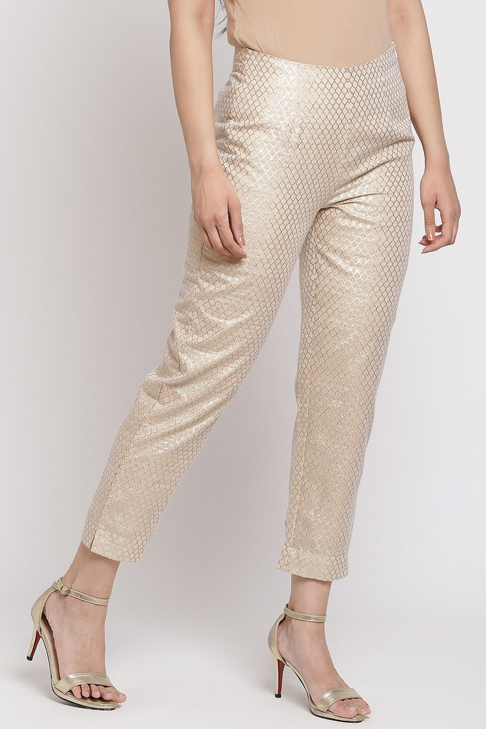 Beige And Gold Poly Cotton Pants image number 2