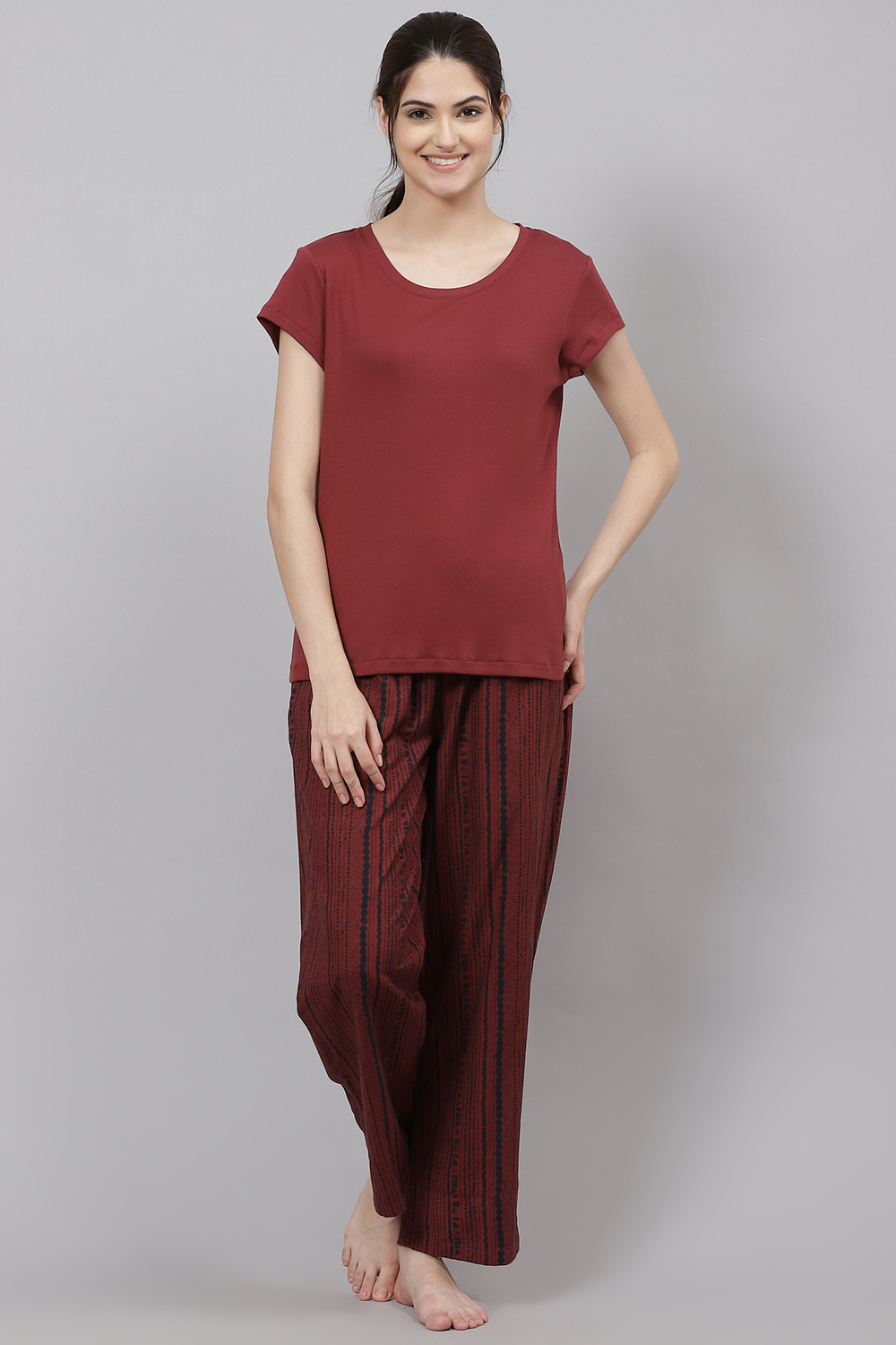 Maroon Straight Art Silk Three Piece Sleepwear Set image number 3