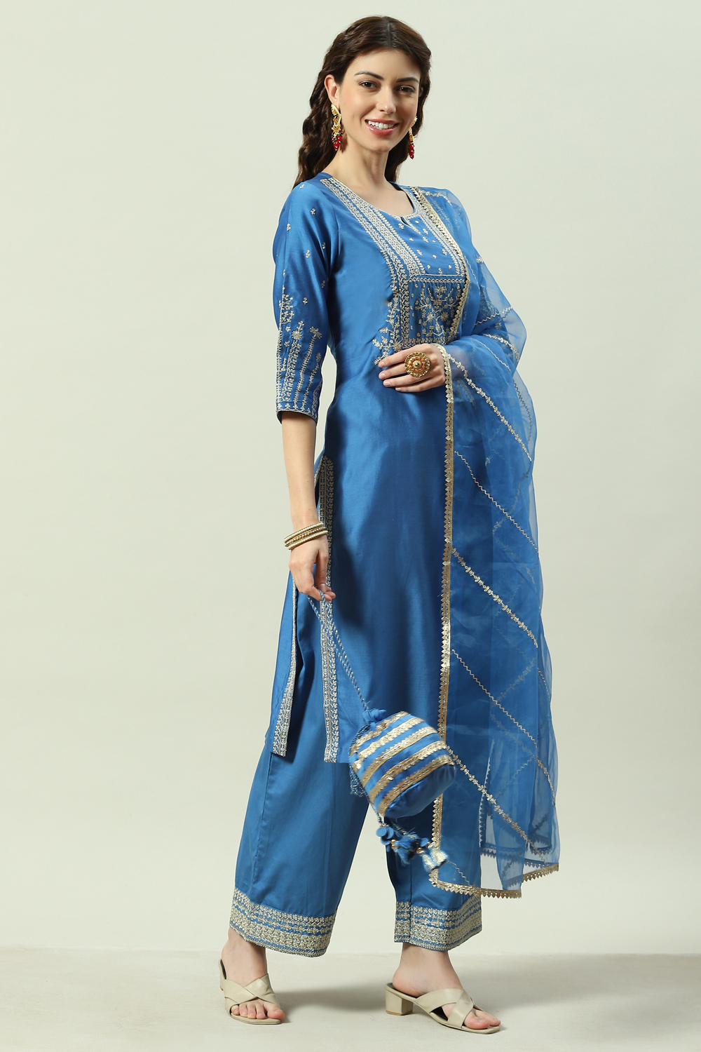 Blue Cotton Silk Straight Kurta Palazzo Suit Set image number 6