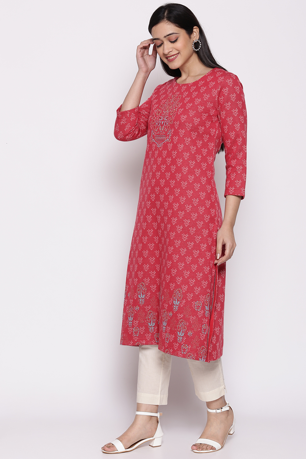 Crimson Red Poly Cotton Yarndyed Kurti image number 2