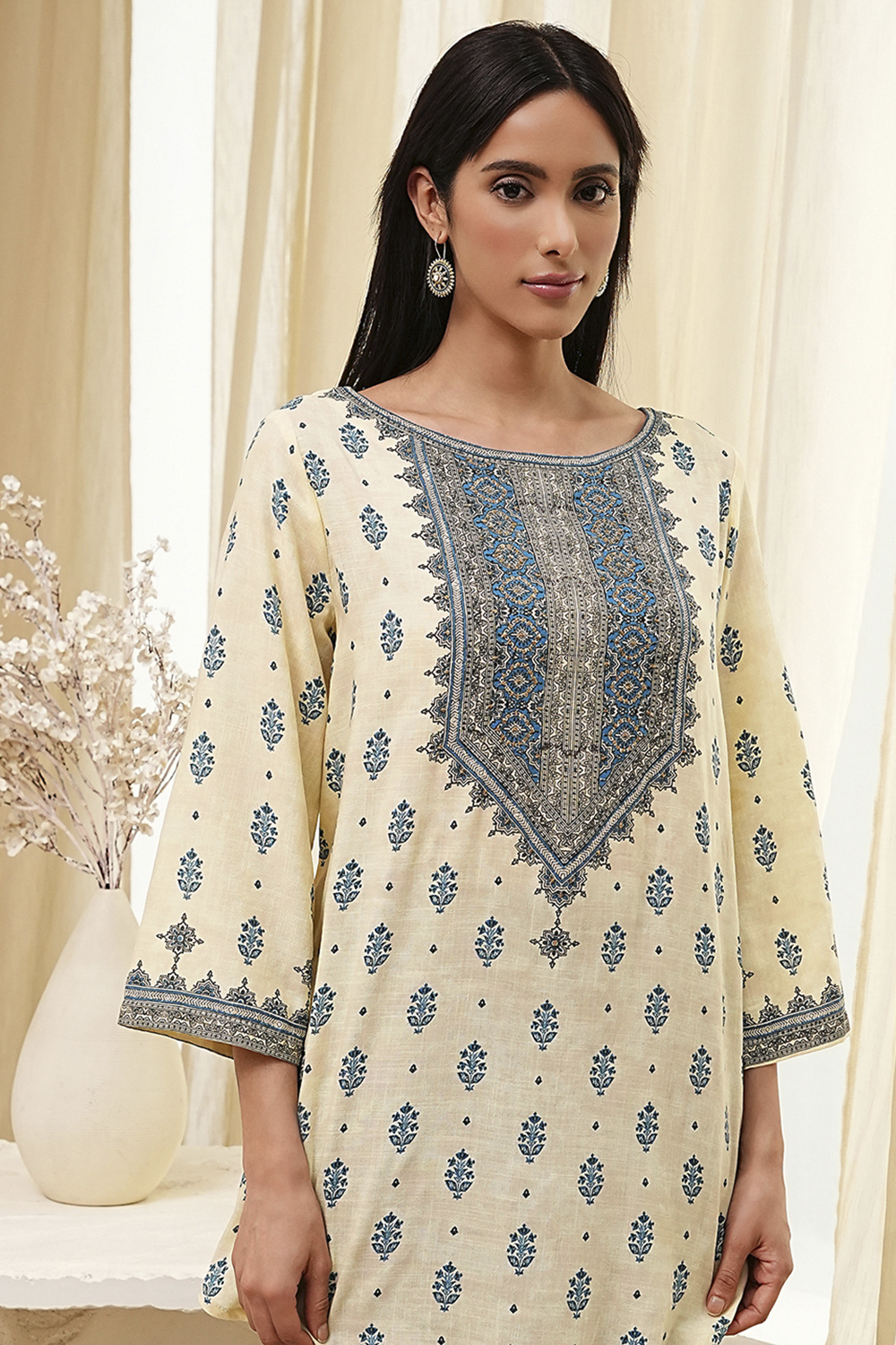 Beige Viscose Printed Straight  Short Kurta image number 1