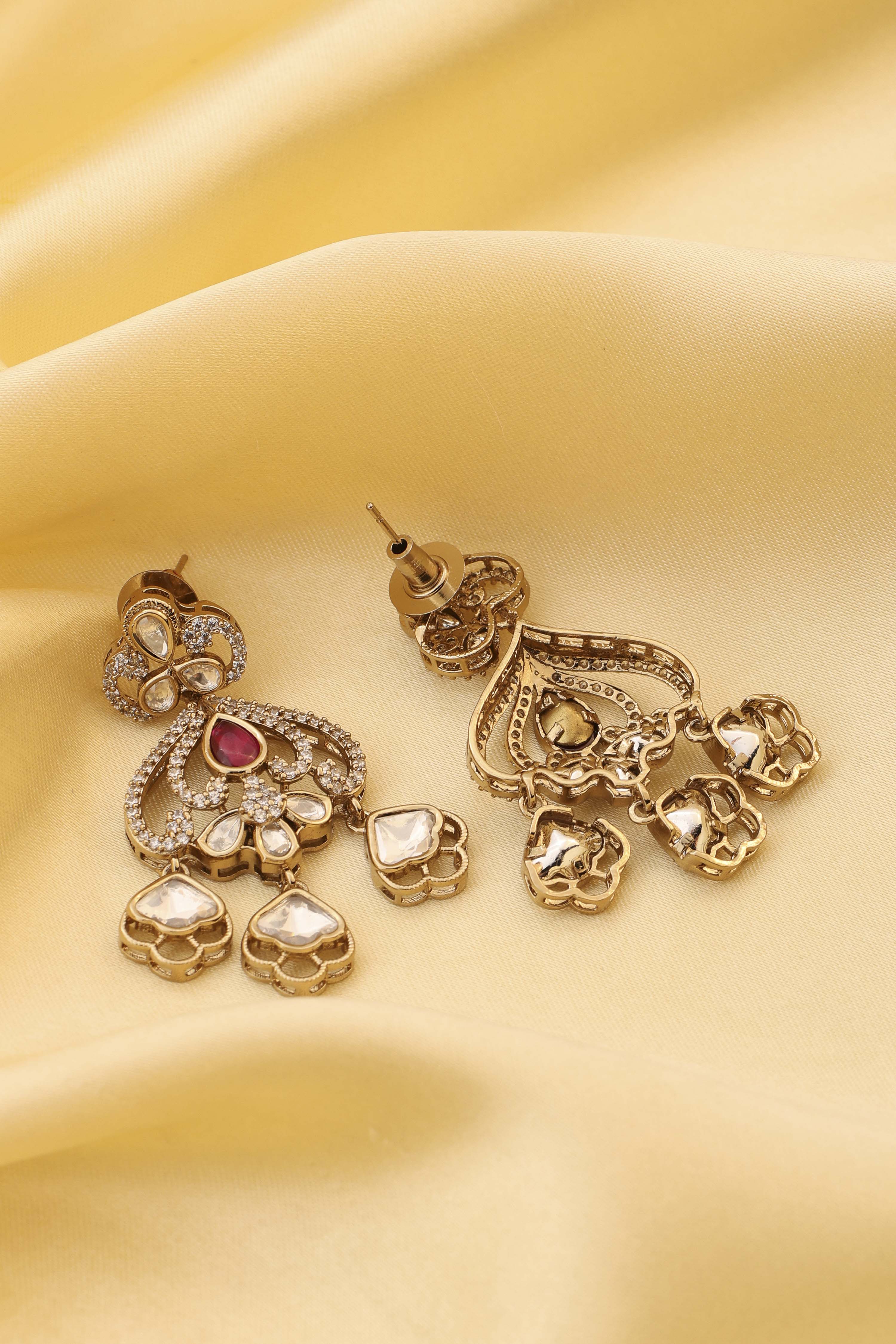Pink Gold-Plated Brass Studded Drop Earrings image number 2