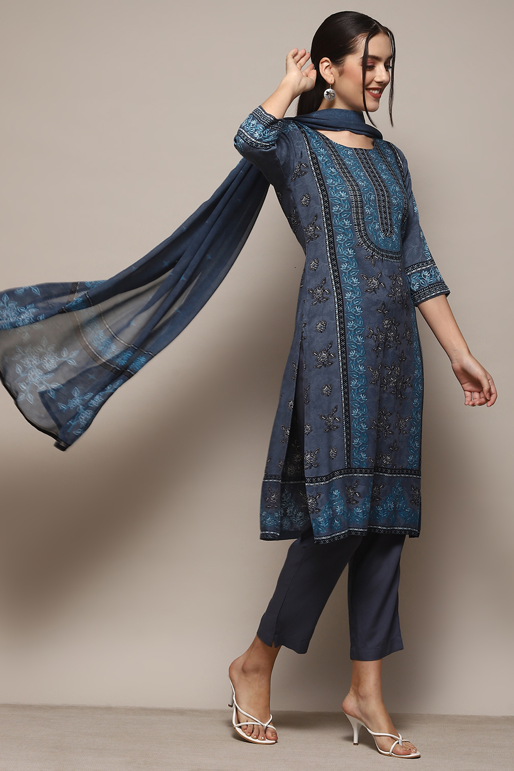 Indigo LIVA Straight Kurta Slim Pant Suit Set image number 6