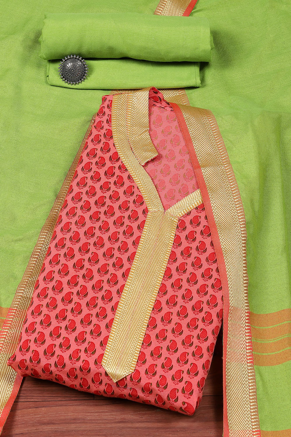 Pink Cotton Handloom Unstitched Suit Set image number 0