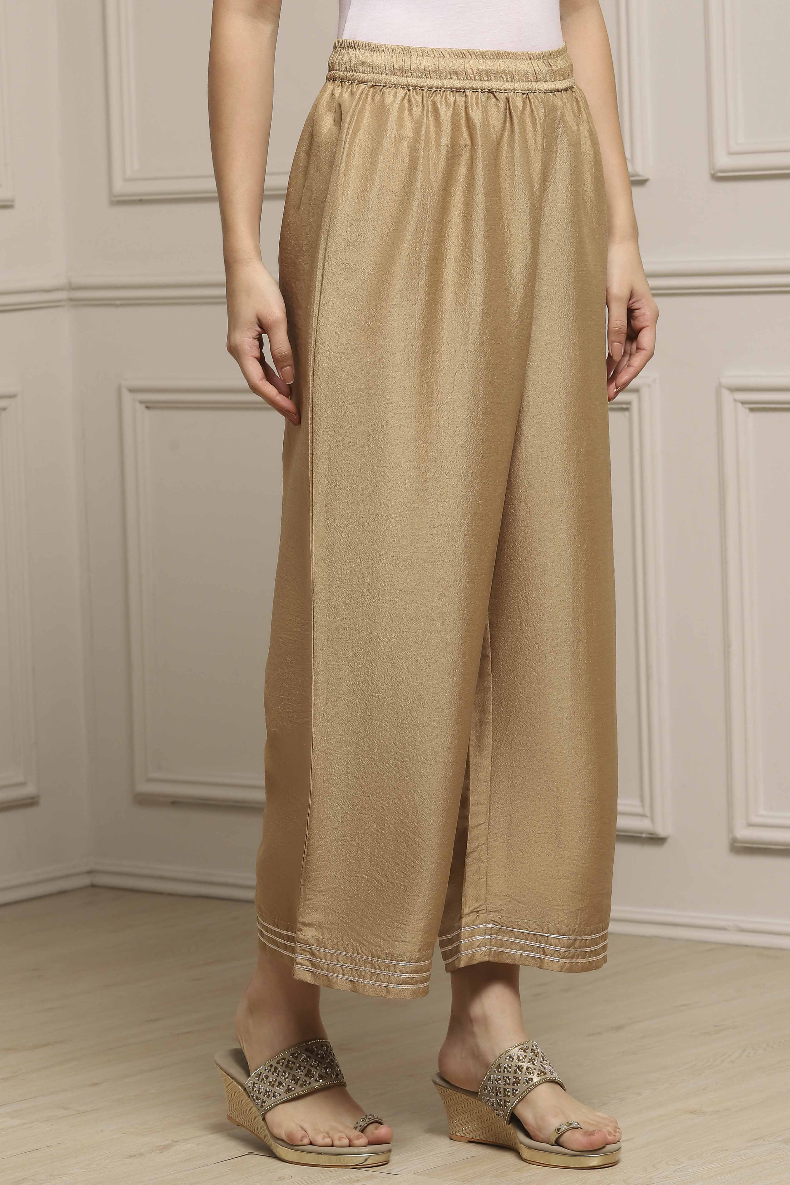 Gold Polyester Straight Palazzos image number 3