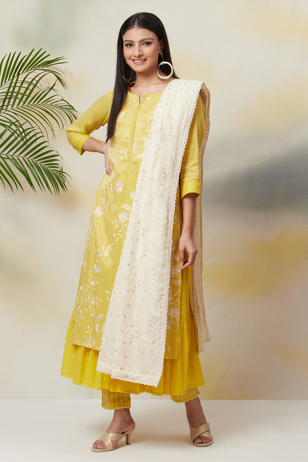 Lime Yellow Cotton Straight Kurta Slim Pant Suit Set image number 8