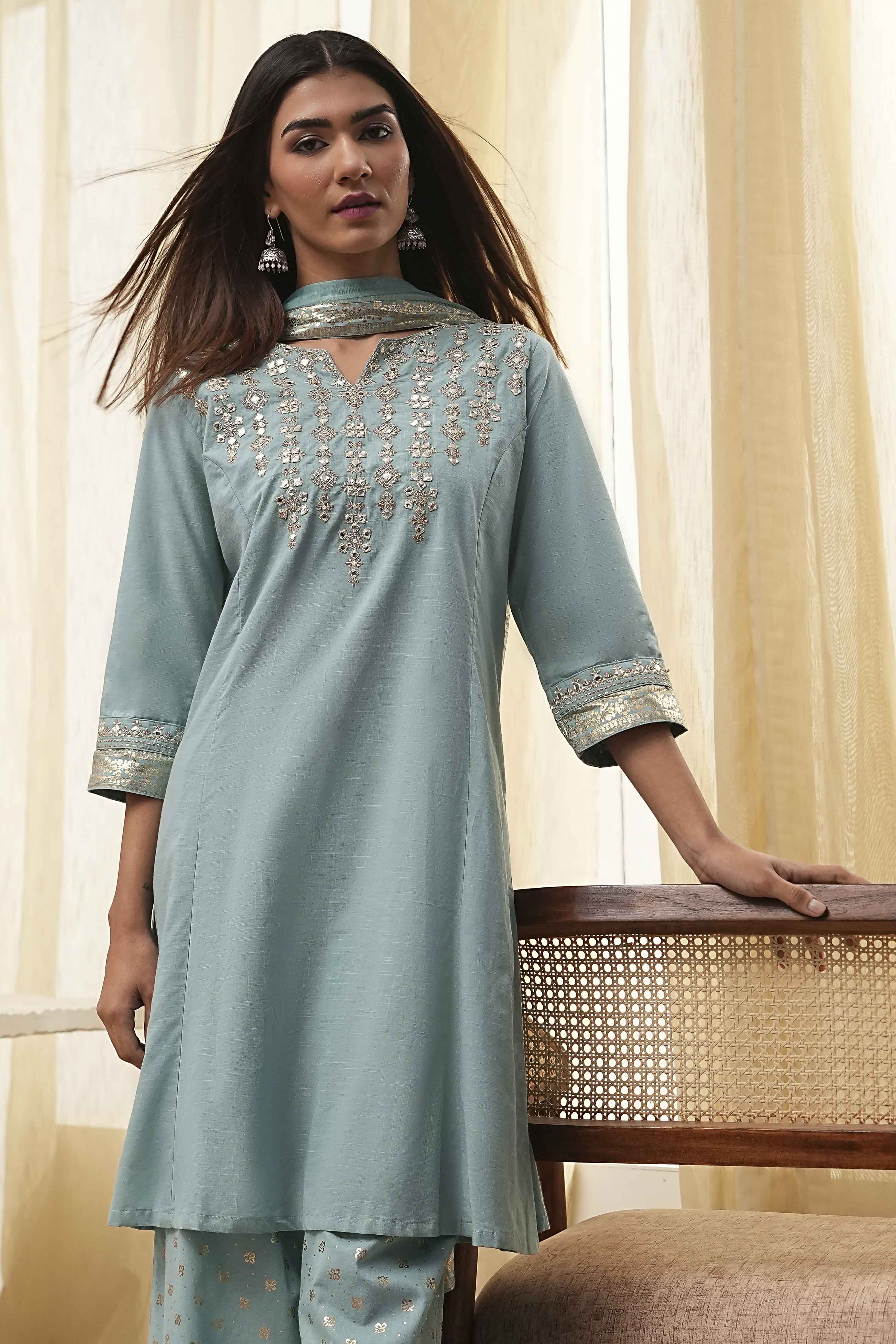 Dull Blue Cotton Embroidered Kalidar Suit Set image number 8