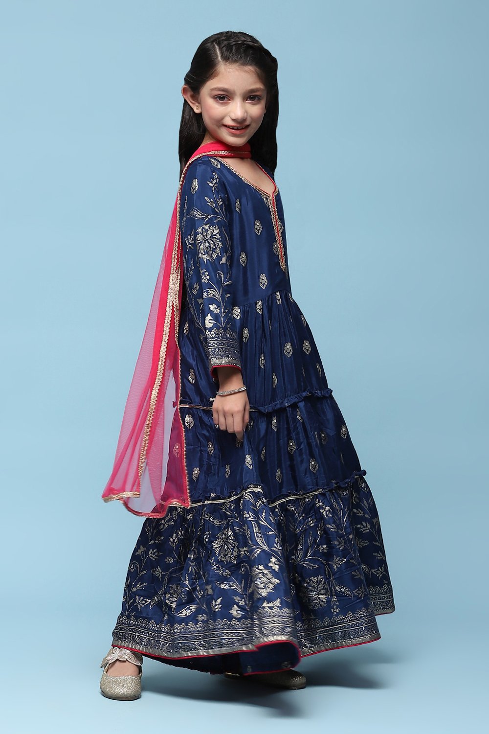 Navy Blue Viscose Tiered Kurta Printed Suit Set image number 6