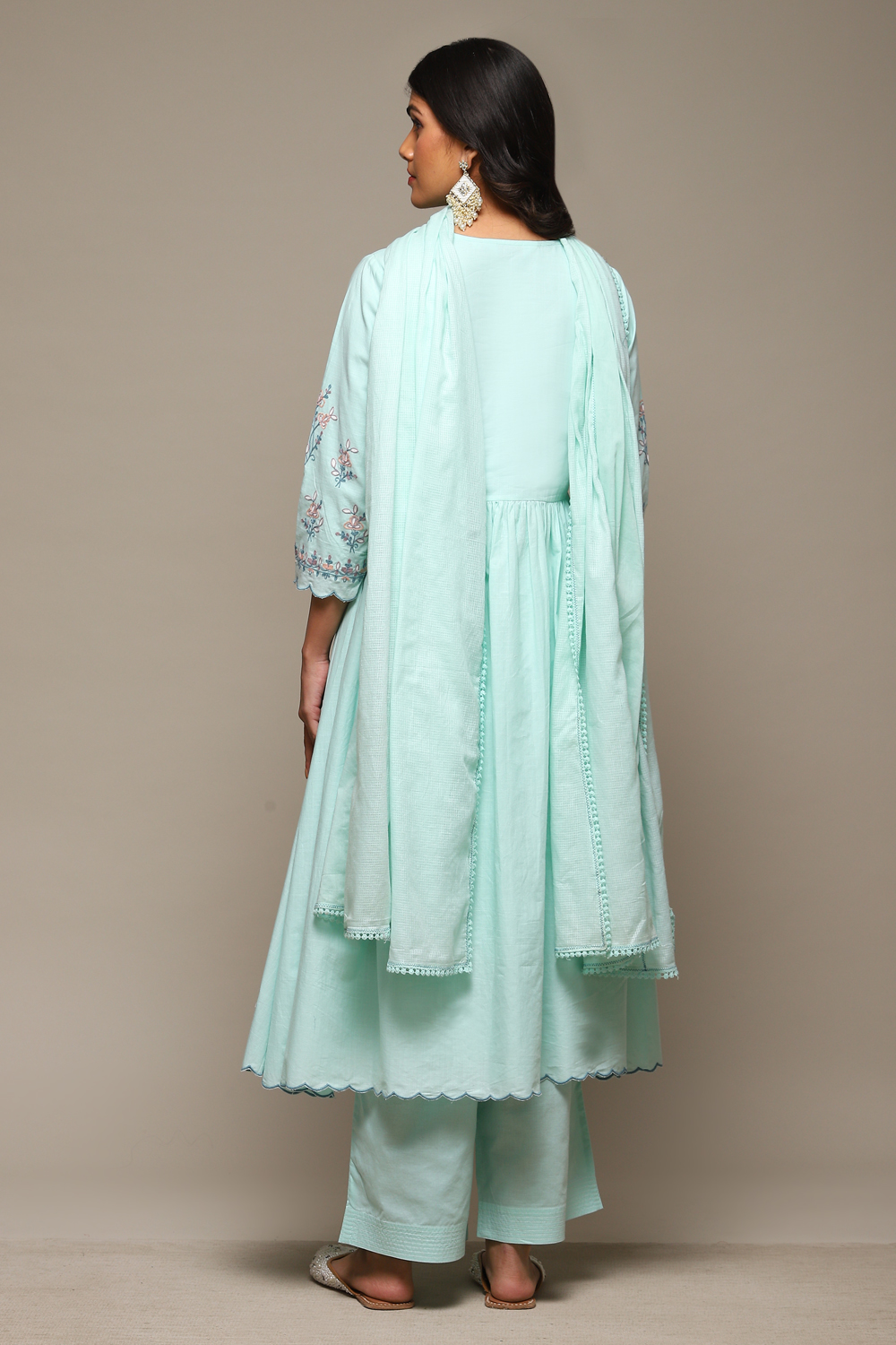 Aqua Cotton Gathered Kurta Palazzo Suit Set image number 4