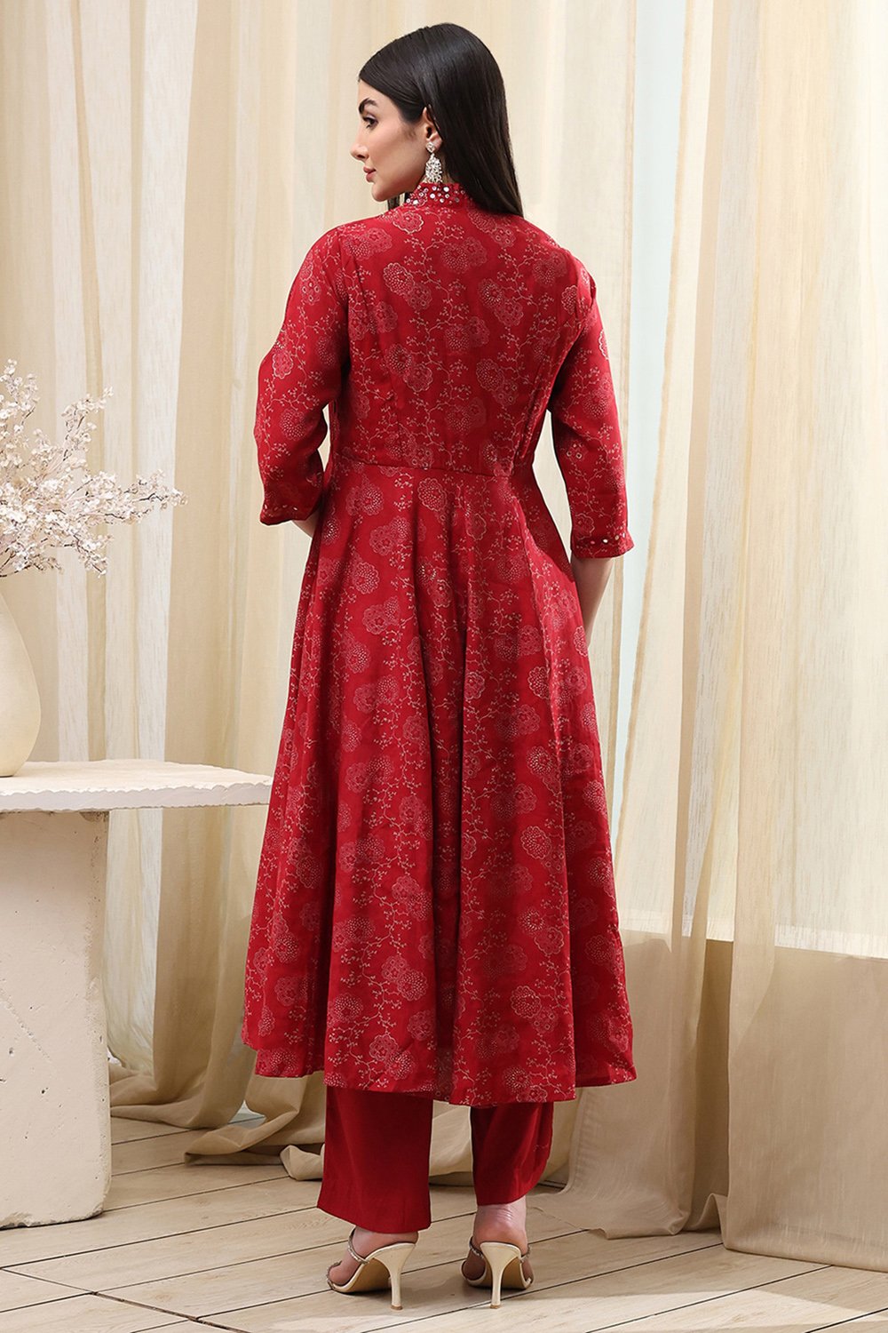 Navy Blue Printed Angrakha Style Anarkali Suit Set image number 4