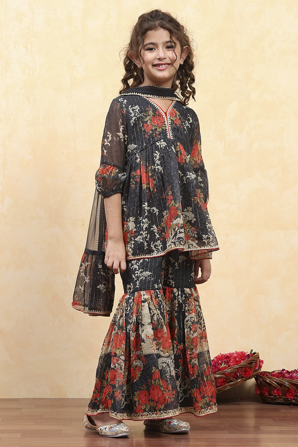 Black Polyester Floral Printed Peplum Sharara Kurta Set image number 5