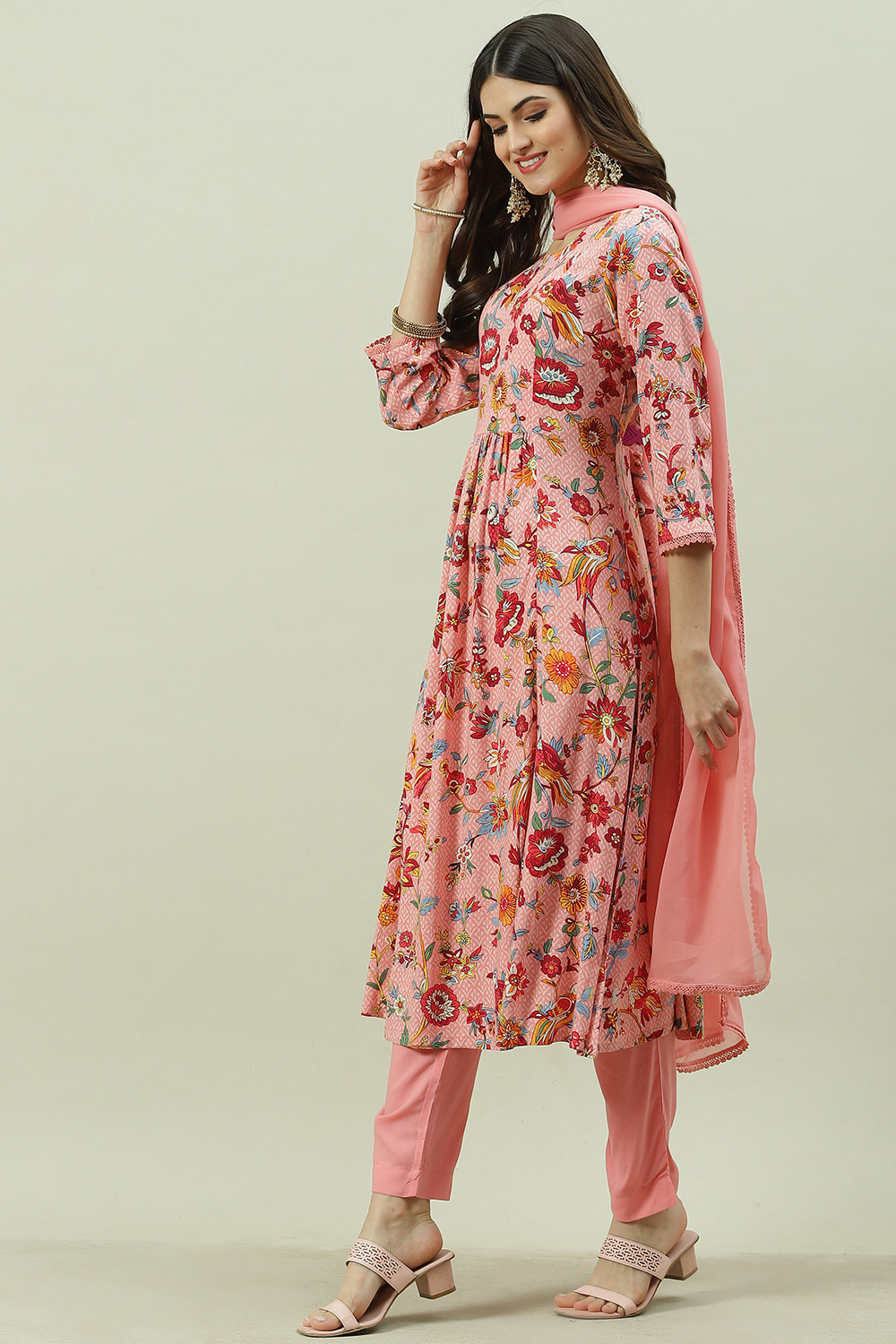 Pink Rayon A-Line Kurta Slim Pant Suit Set image number 2