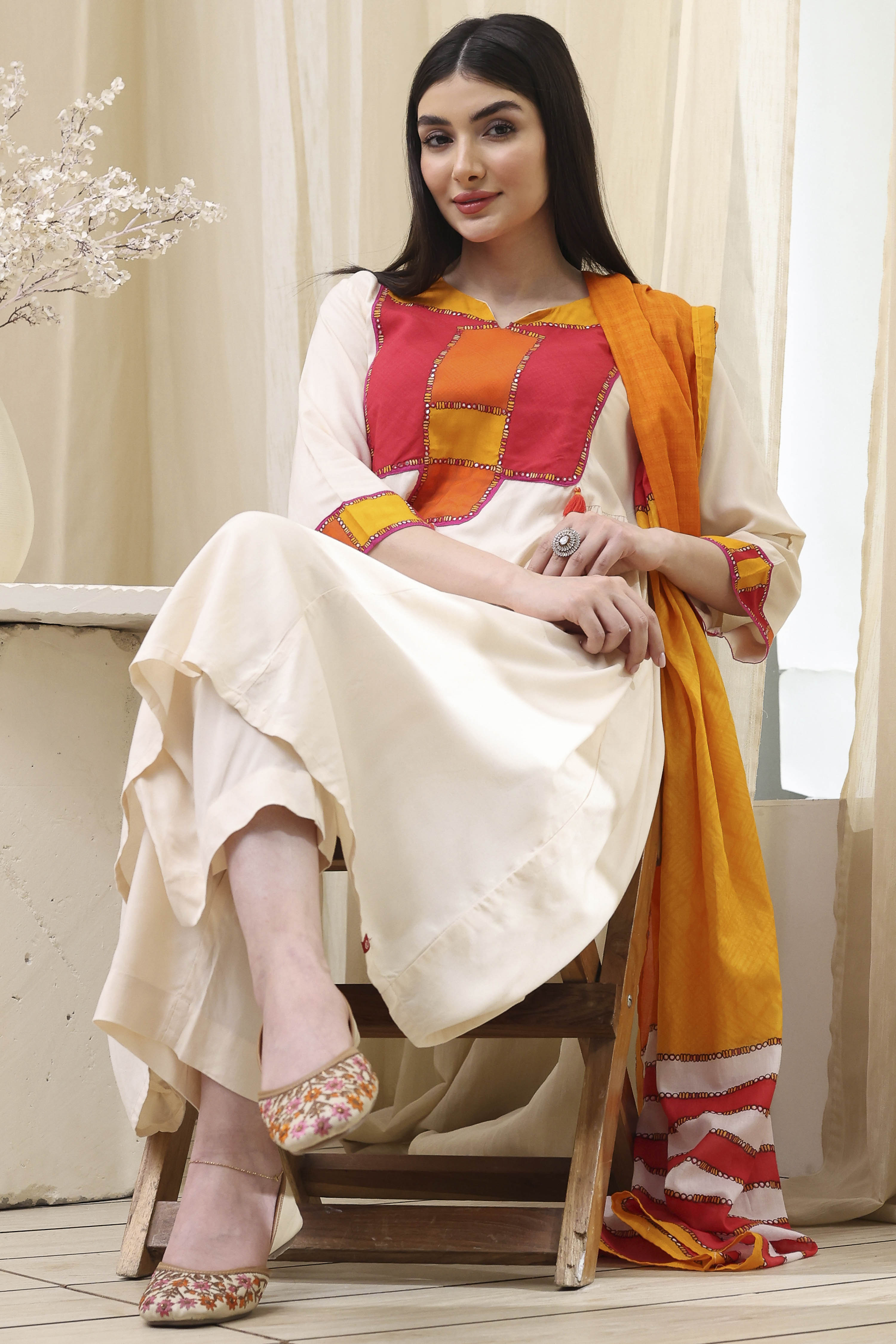 White Rayon Gathered Kurta Palazzo Suit Set image number 0