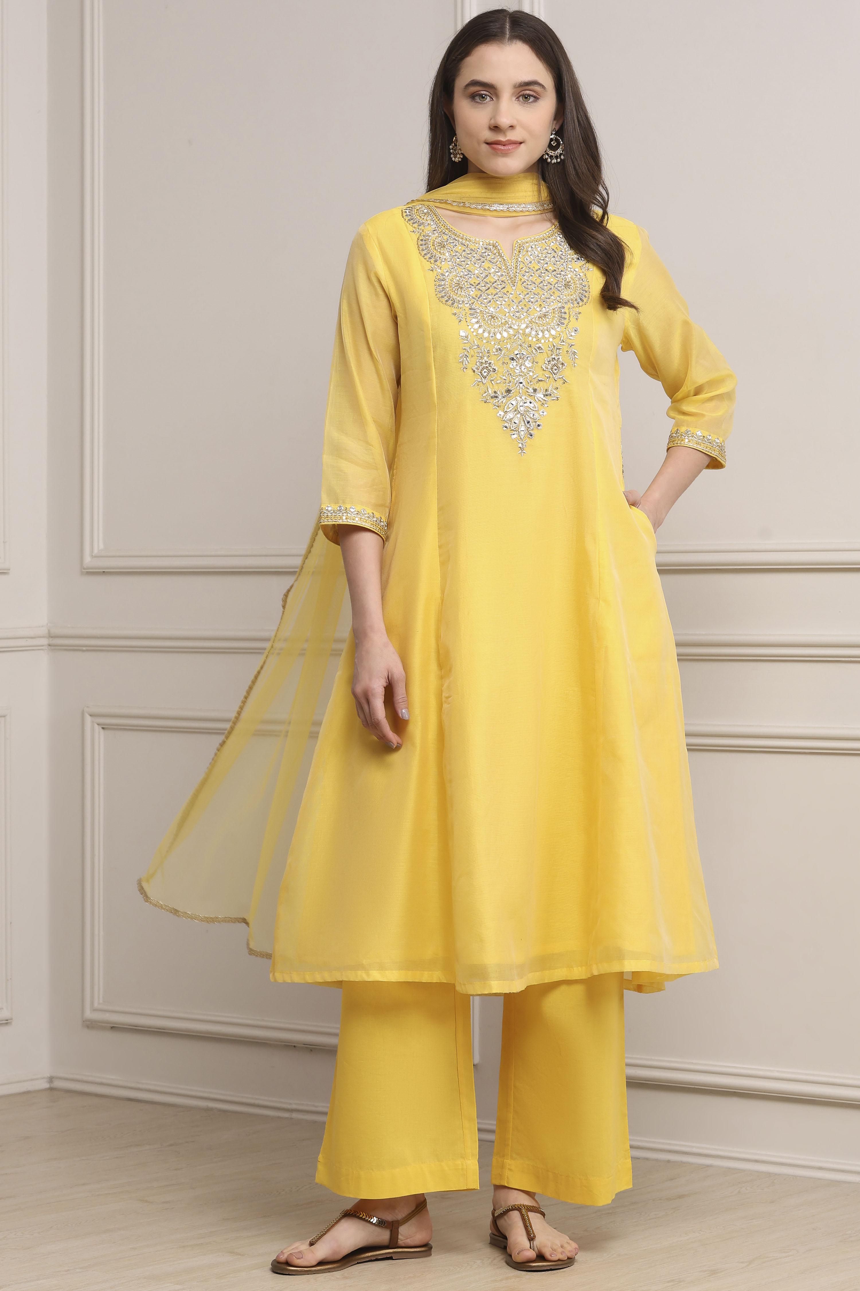 Yellow Poly Chanderi Straight Suit Set image number 5