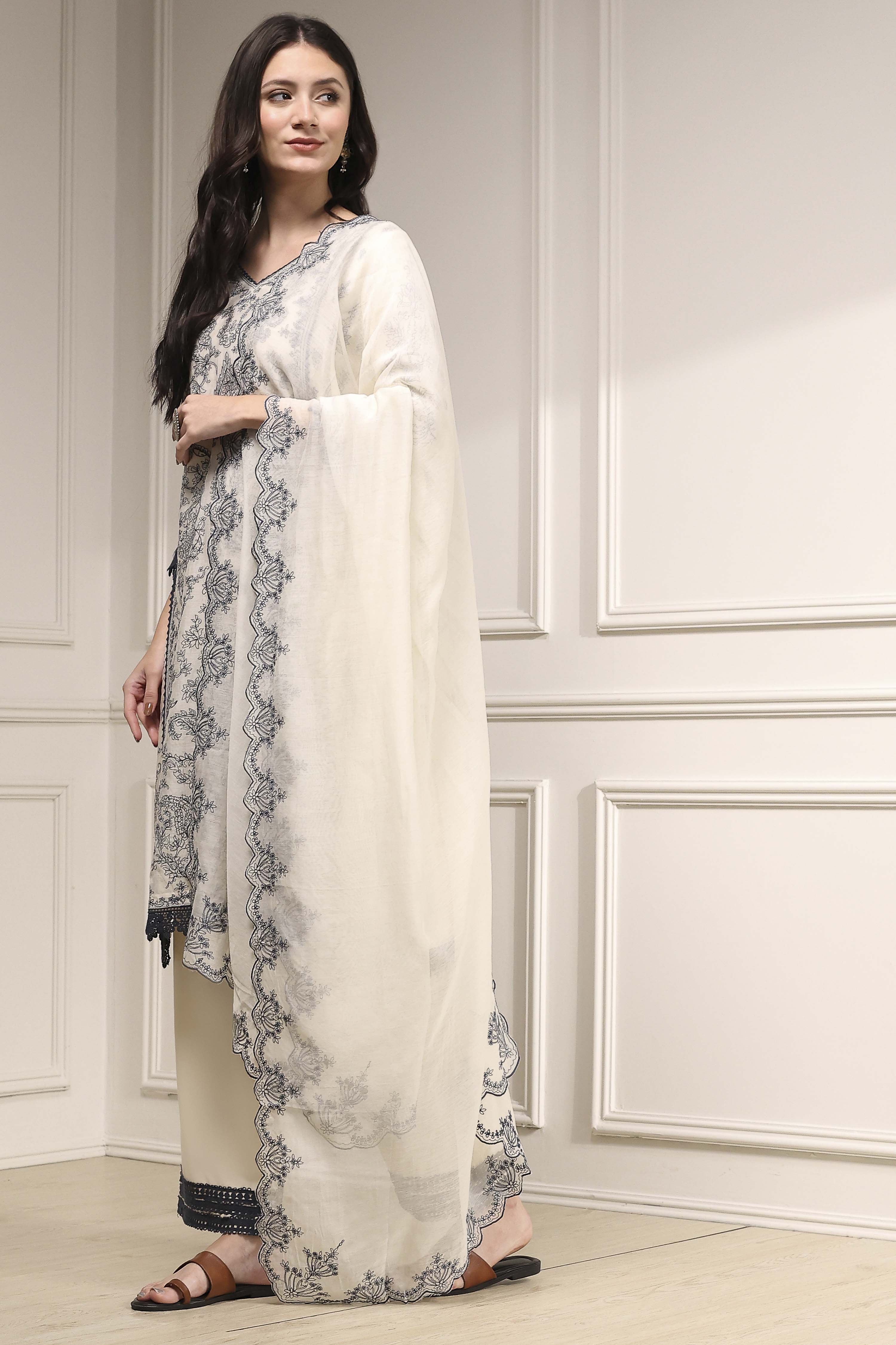 Natural White Chanderi Straight Dyed Suit Set image number 3