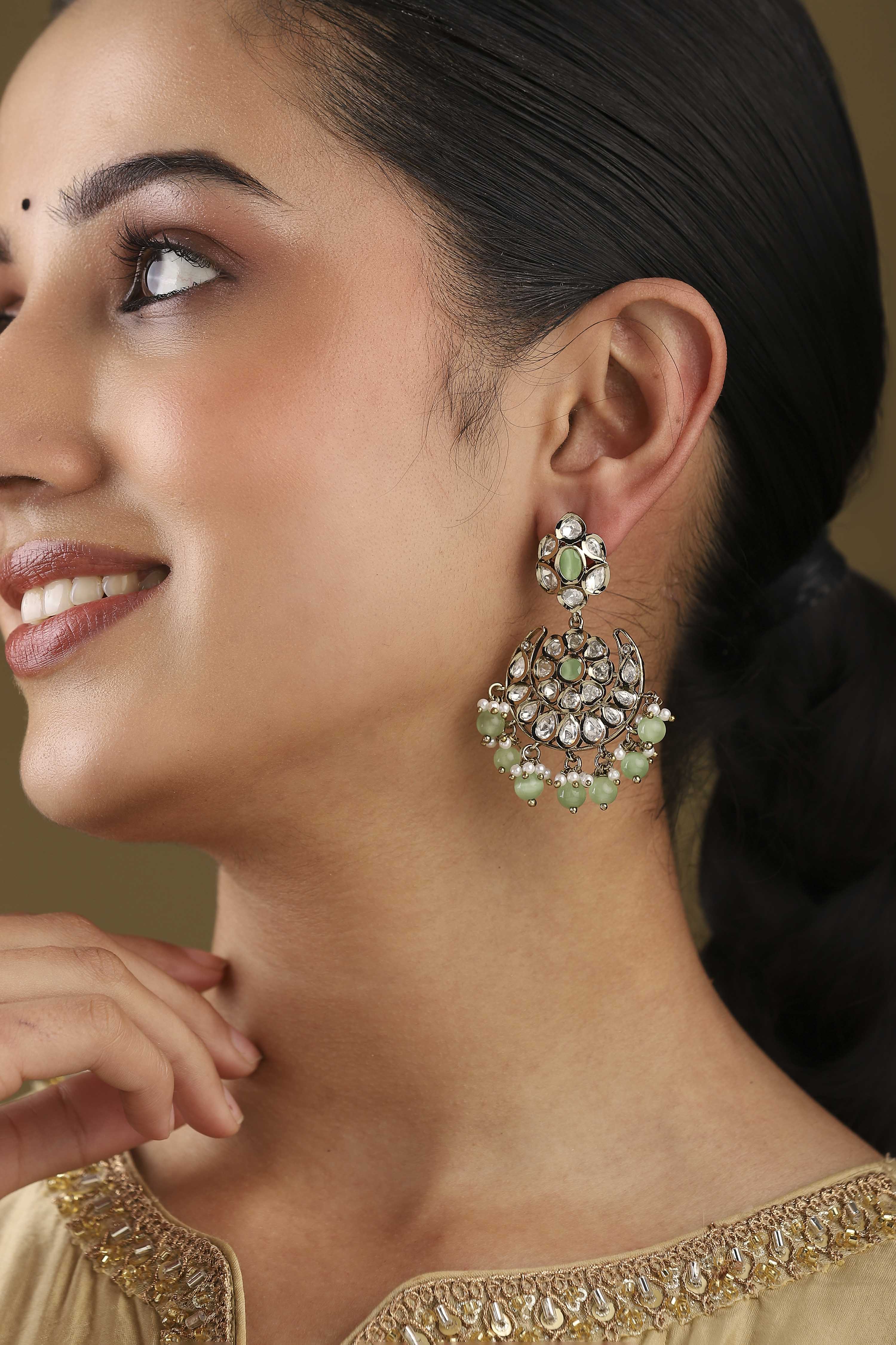 Green Gold Plated Studded Drop Earrings image number 1