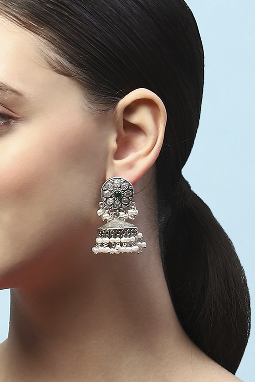 Green Oxidised Stone Studded Dome Shaped Jhumkas image number 3