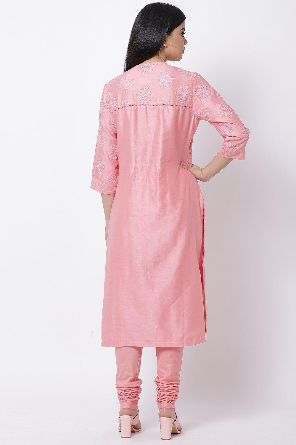 Peach Straight Kurta Churidar Suit Set image number 4