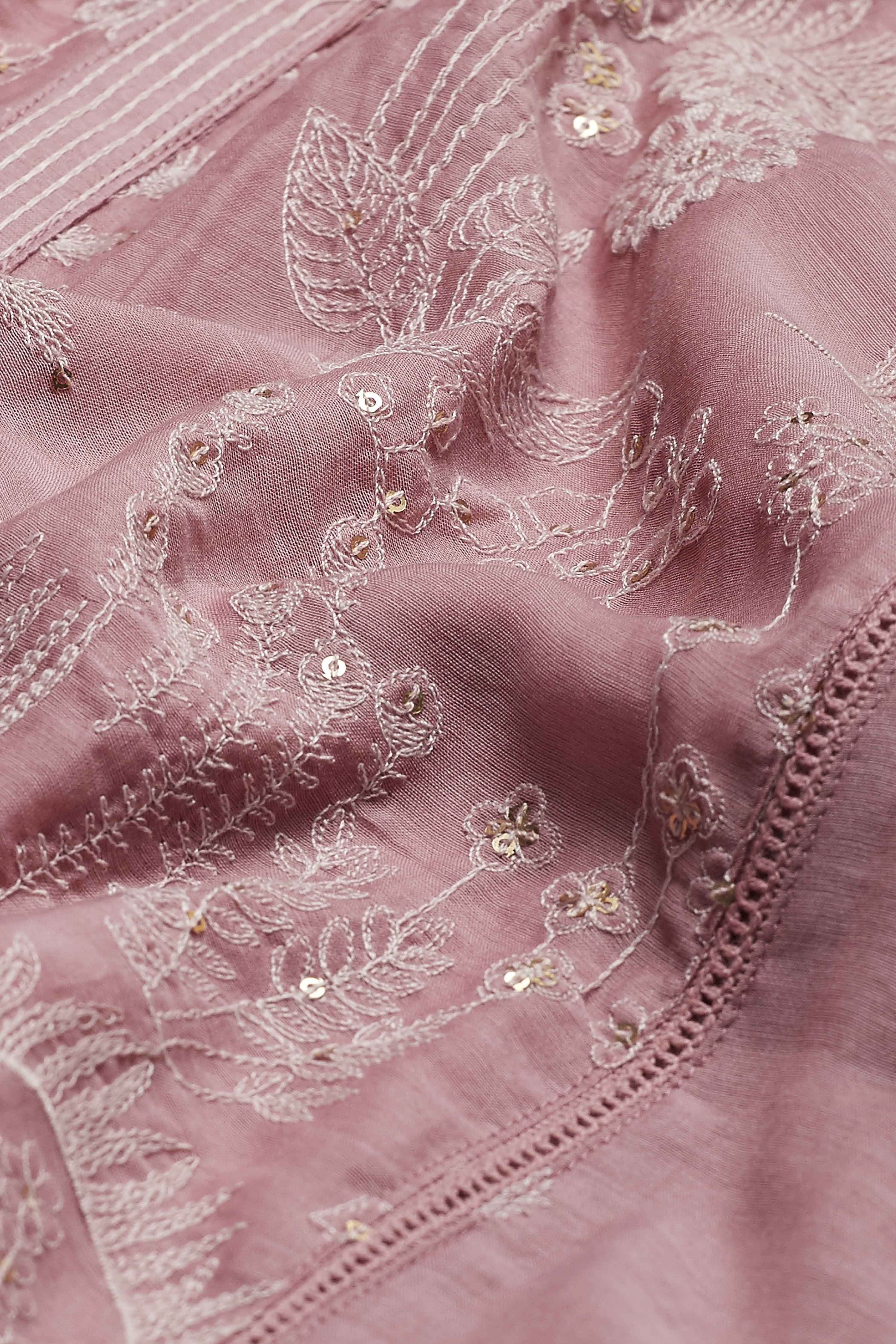 Old Rose Cotton Silk Embroidered A-Line Kurta Set image number 3