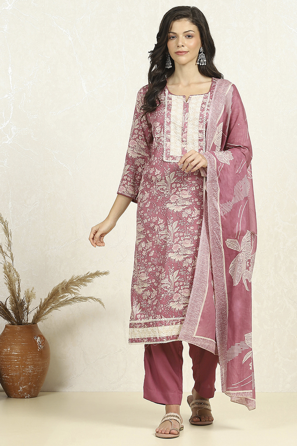 Purple Cotton Unstitched Suit Set image number 7