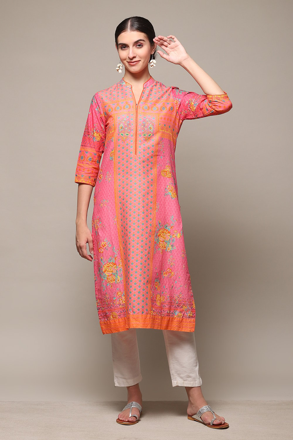 Pink Cotton Straight Printed Kurta image number 0