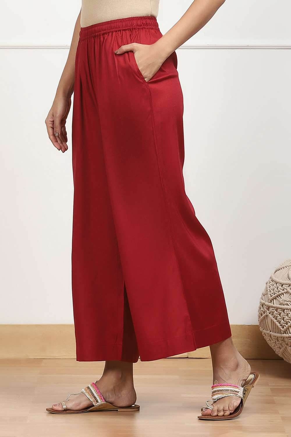 Navy Blue Viscose Solid Straight Palazzos image number 2
