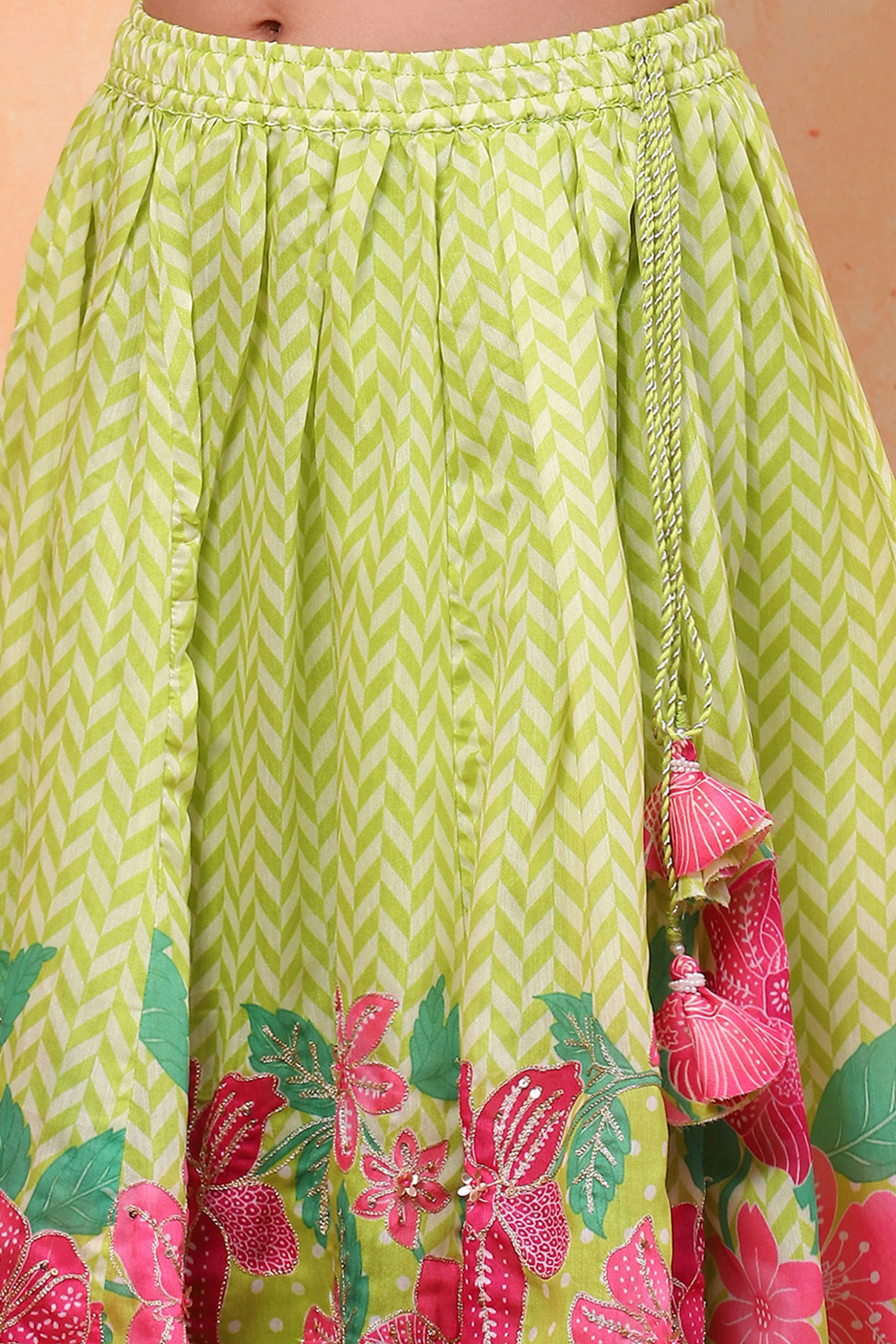 Lime Green Poly Chanderi Floral Printed Lehenga Set image number 2