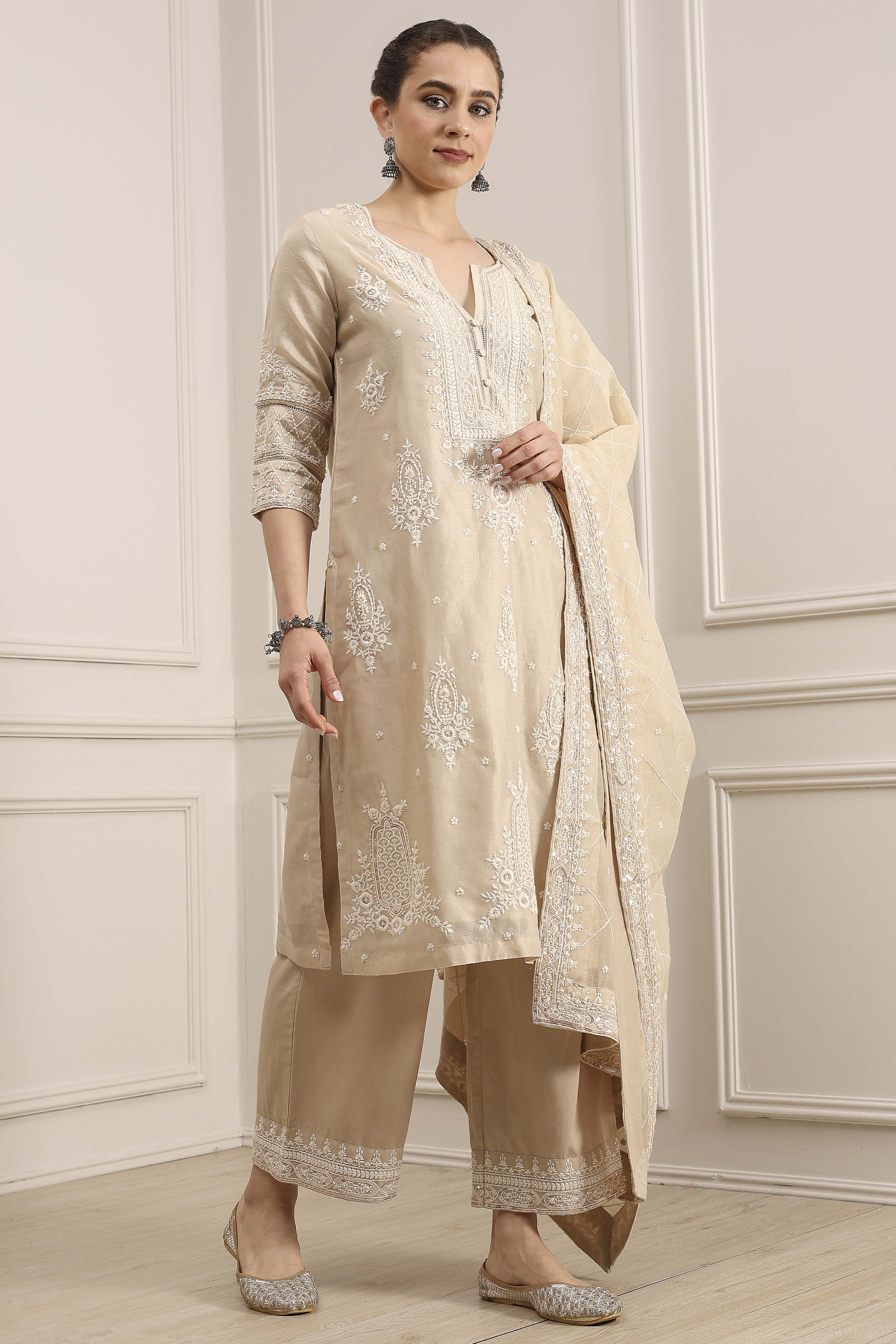 Beige Chanderi Straight Dyed Suit Set image number 5