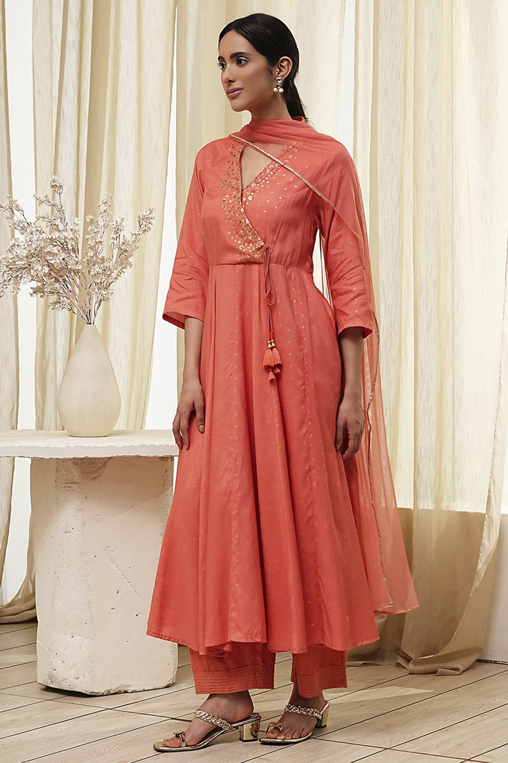Peach Modal Printed Angrakha Anarkali Suit Set image number 3