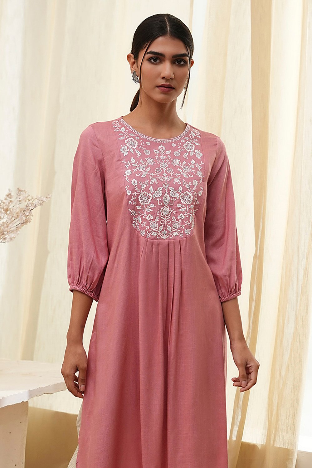 Aqua Solid Gathered Straight Kurta image number 1