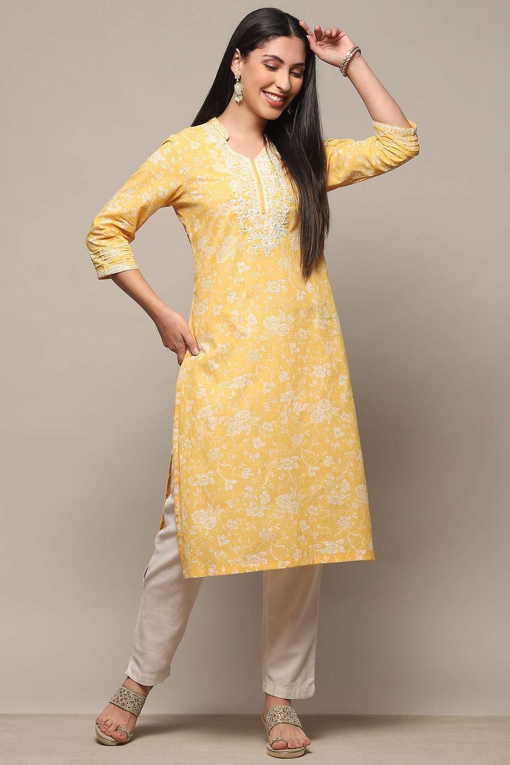 Yellow Cotton Straight Kurta image number 0