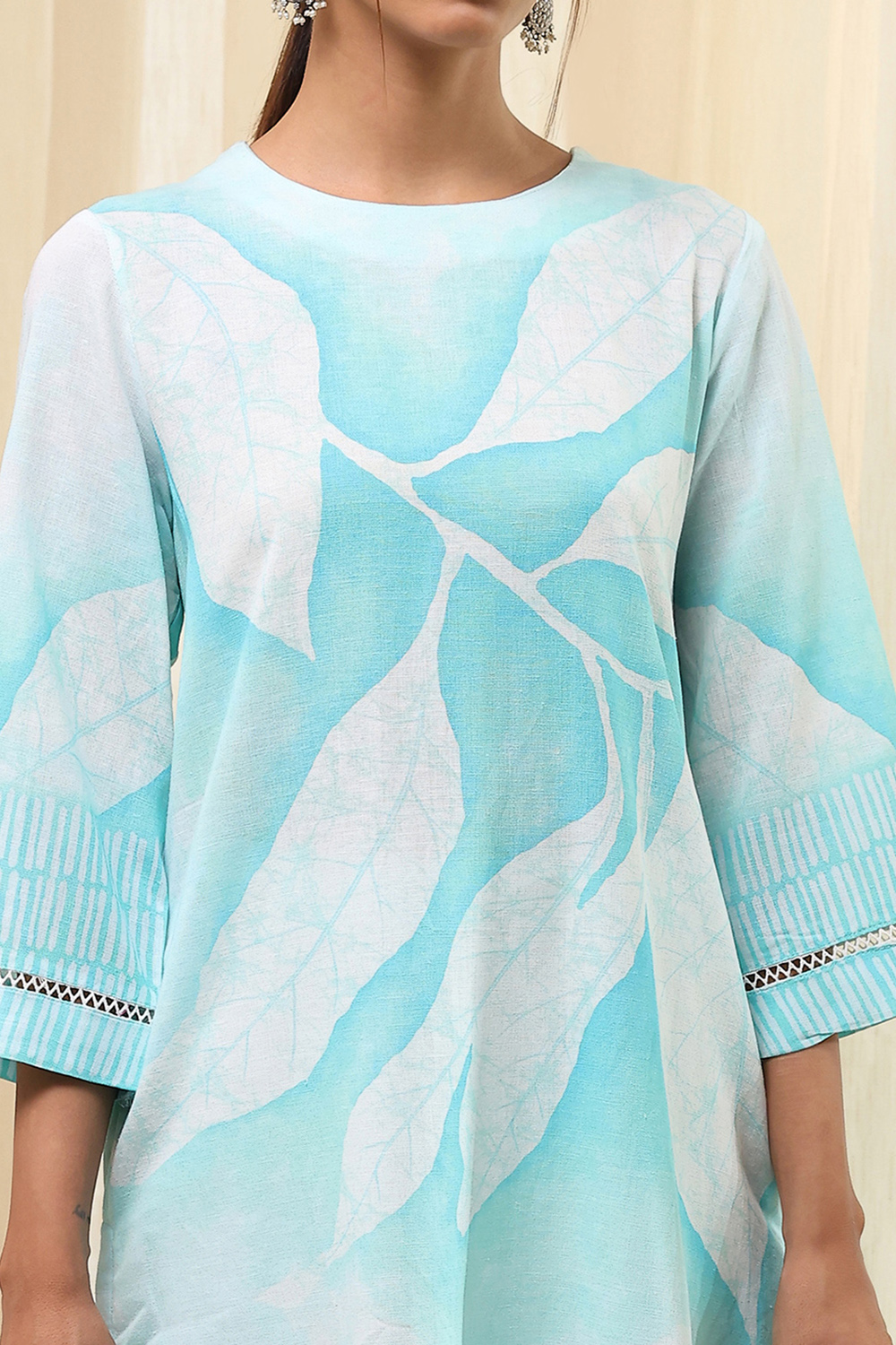 Turquoise Viscose Blend Straight Printed Fusion Set image number 1