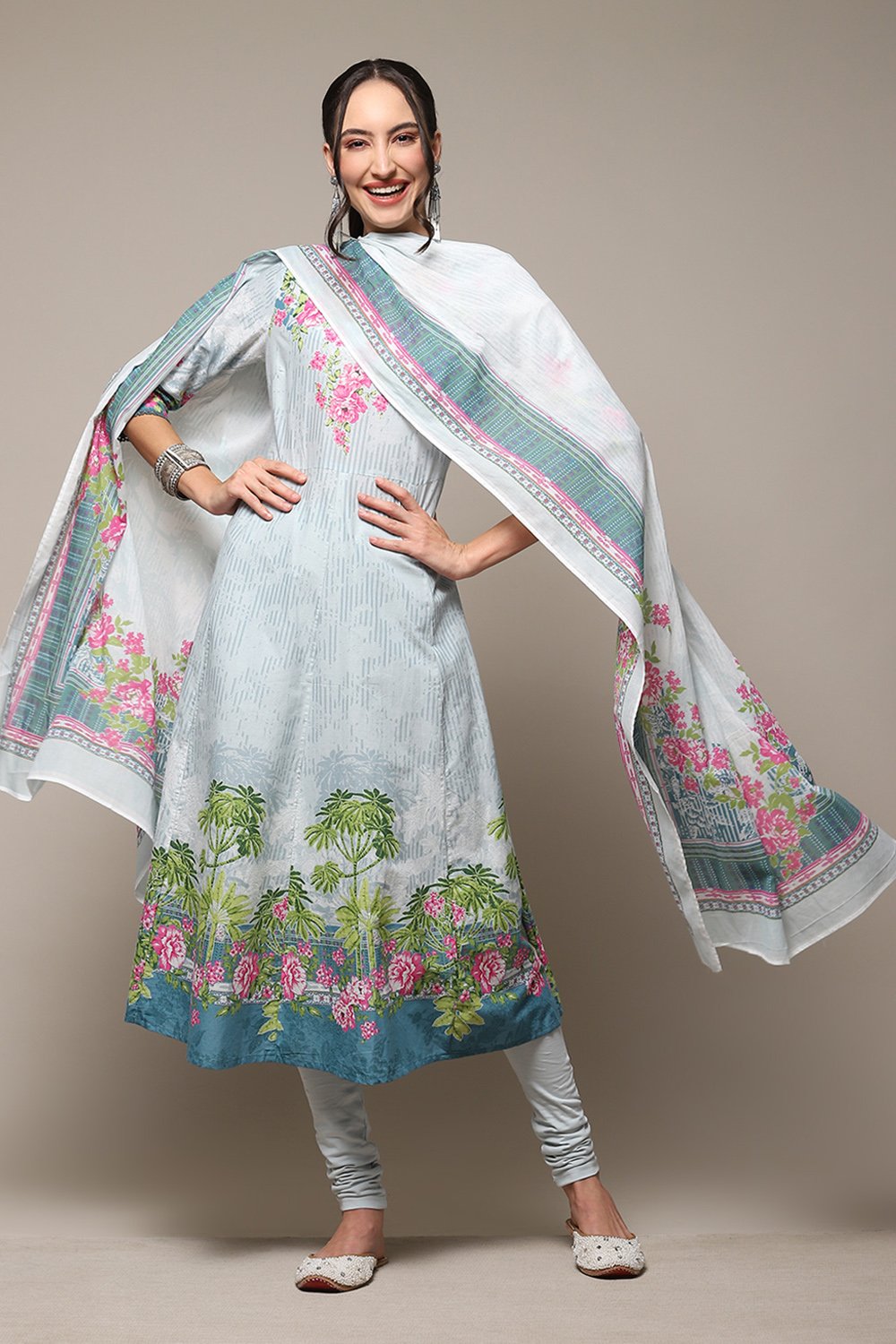 Powder Blue Cotton Anarkali Suit Set image number 0