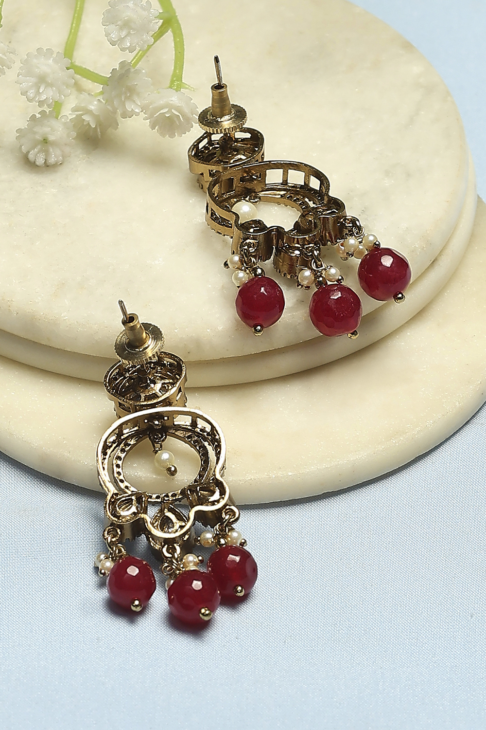 Maroon White Brass Drop & Danglers image number 2