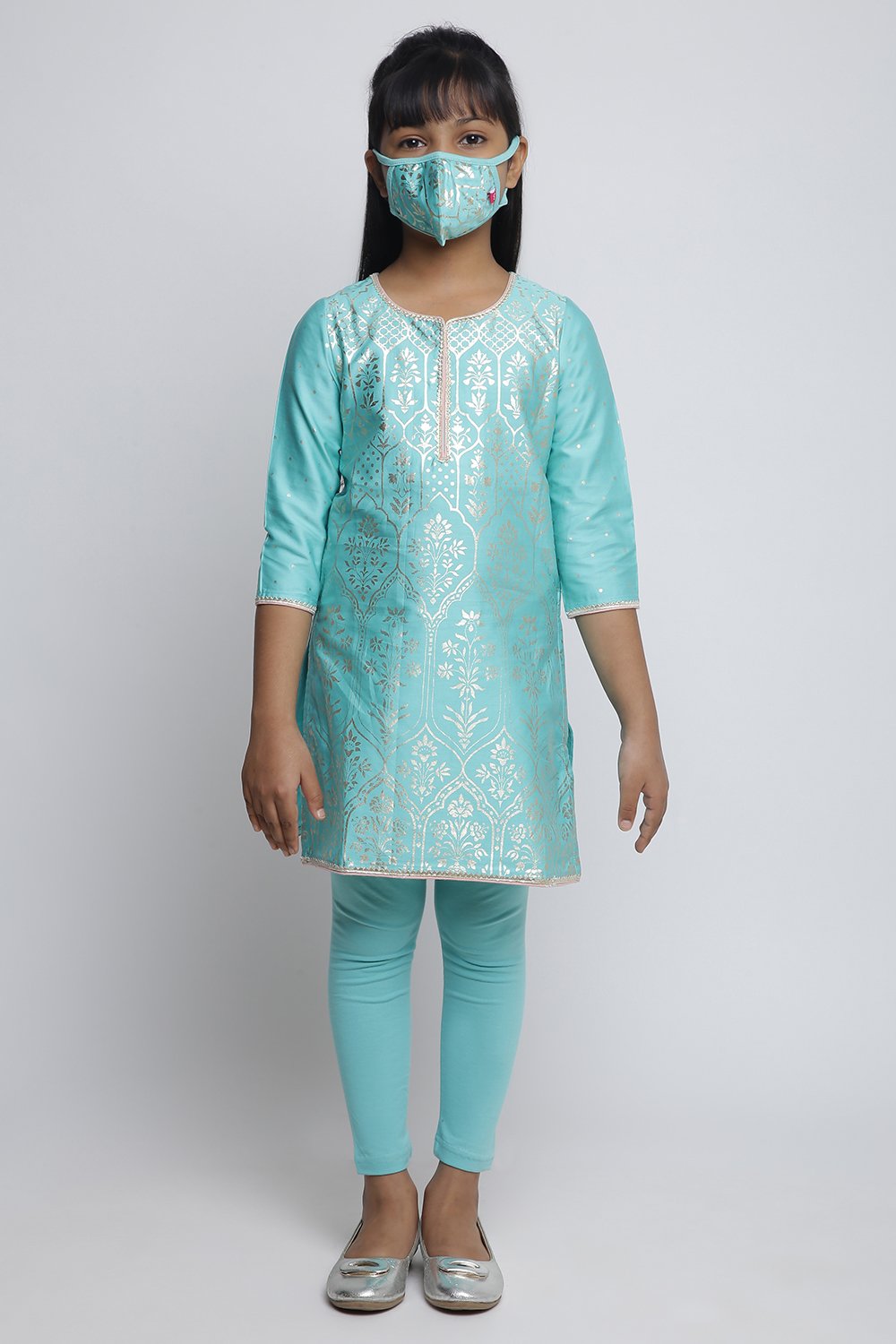 Turquoise Cotton Straight Kurta Legging Suit Set image number 0
