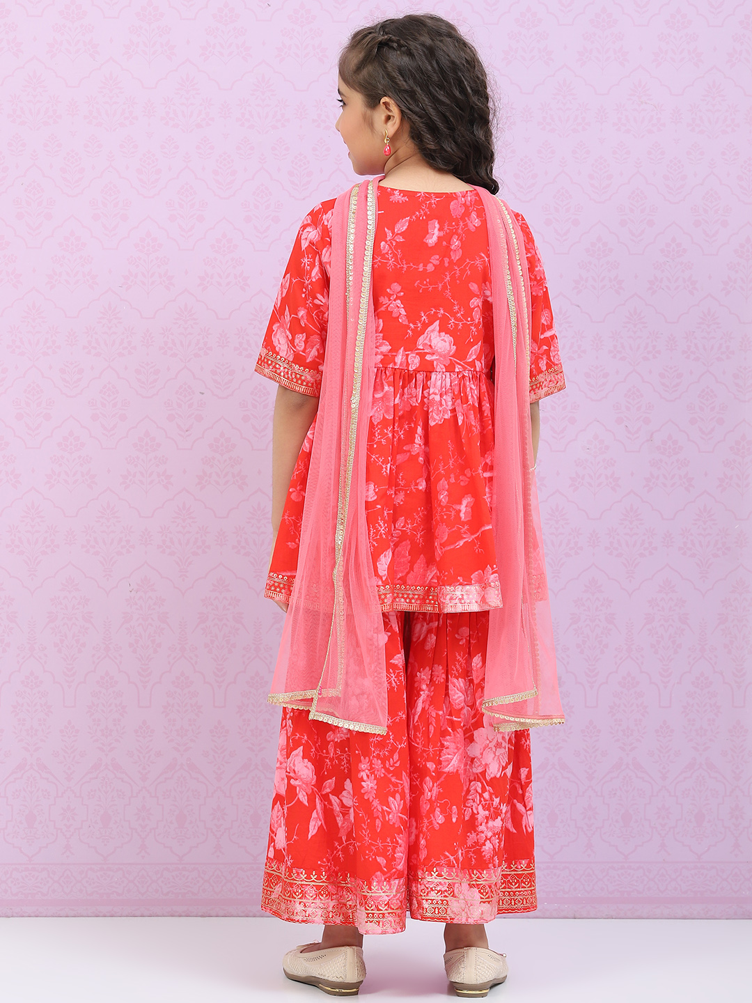Coral Red Cotton Straight  Kurta Palazzo Suit Set image number 4