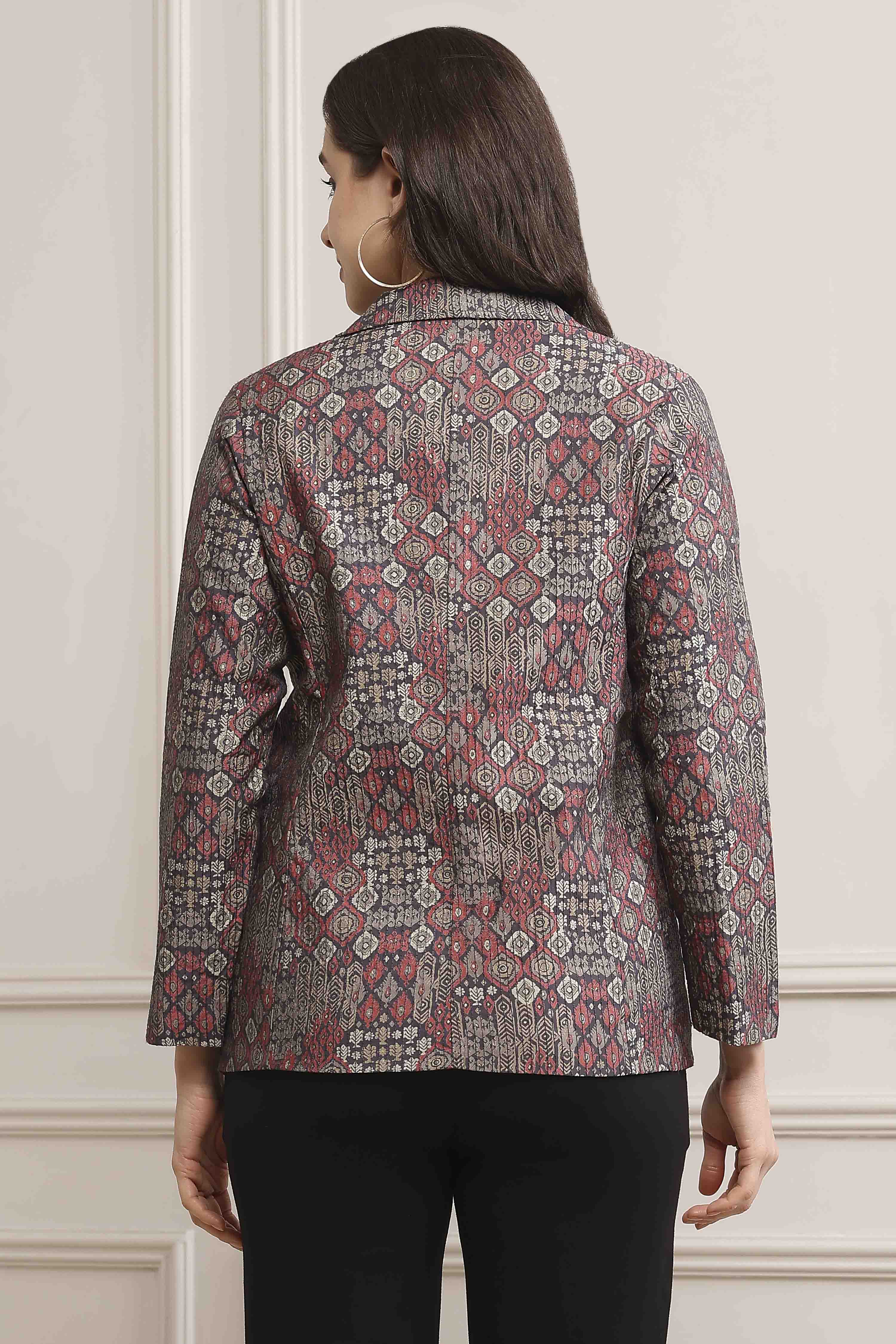 Grey Poly Viscose Straight Printed Jacket image number 3
