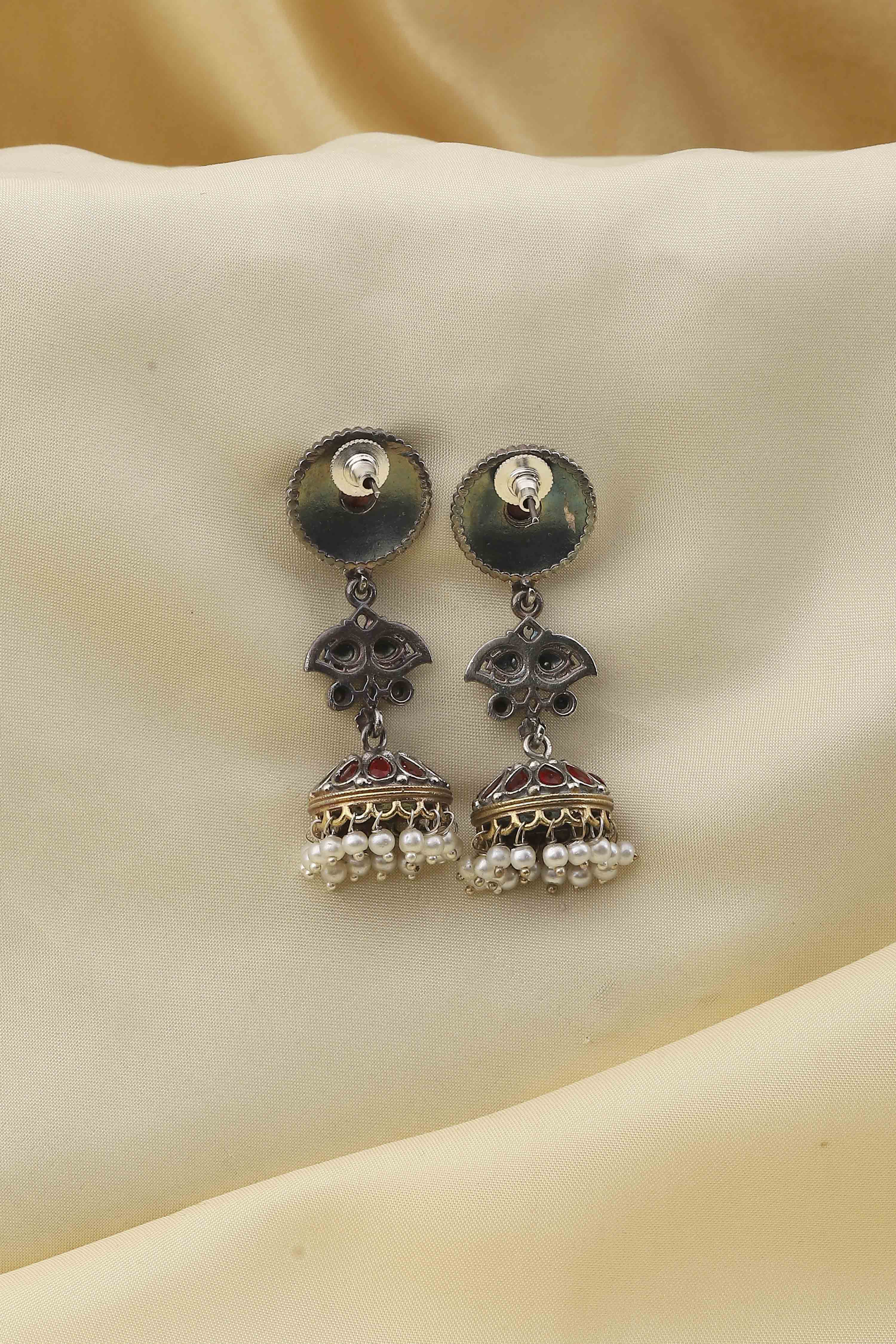 Red & Silver Toned Oxidized Brass Studded Jhumkas image number 2