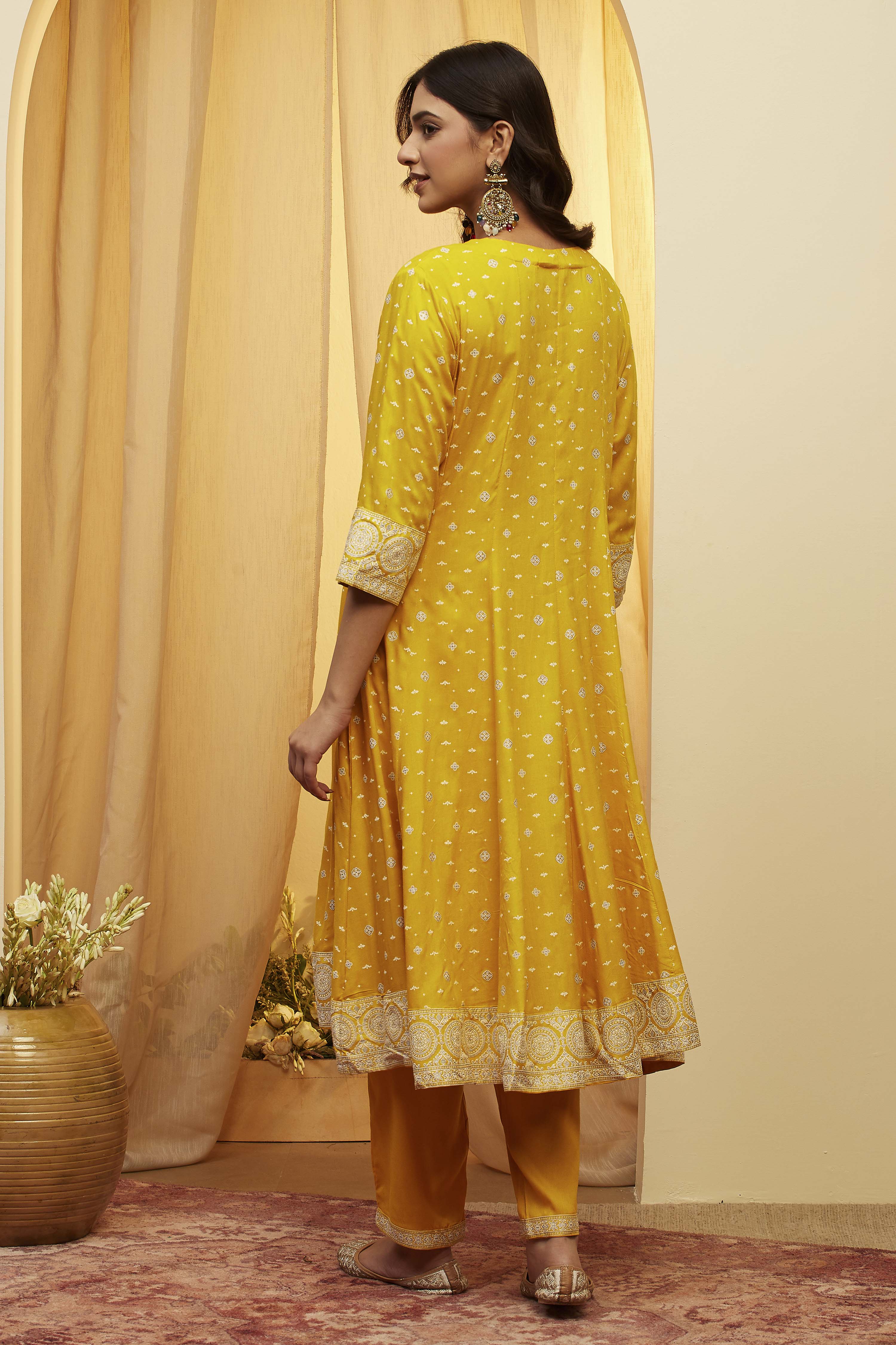 Yellow Viscose Rayon Kalidar Suit Set image number 5