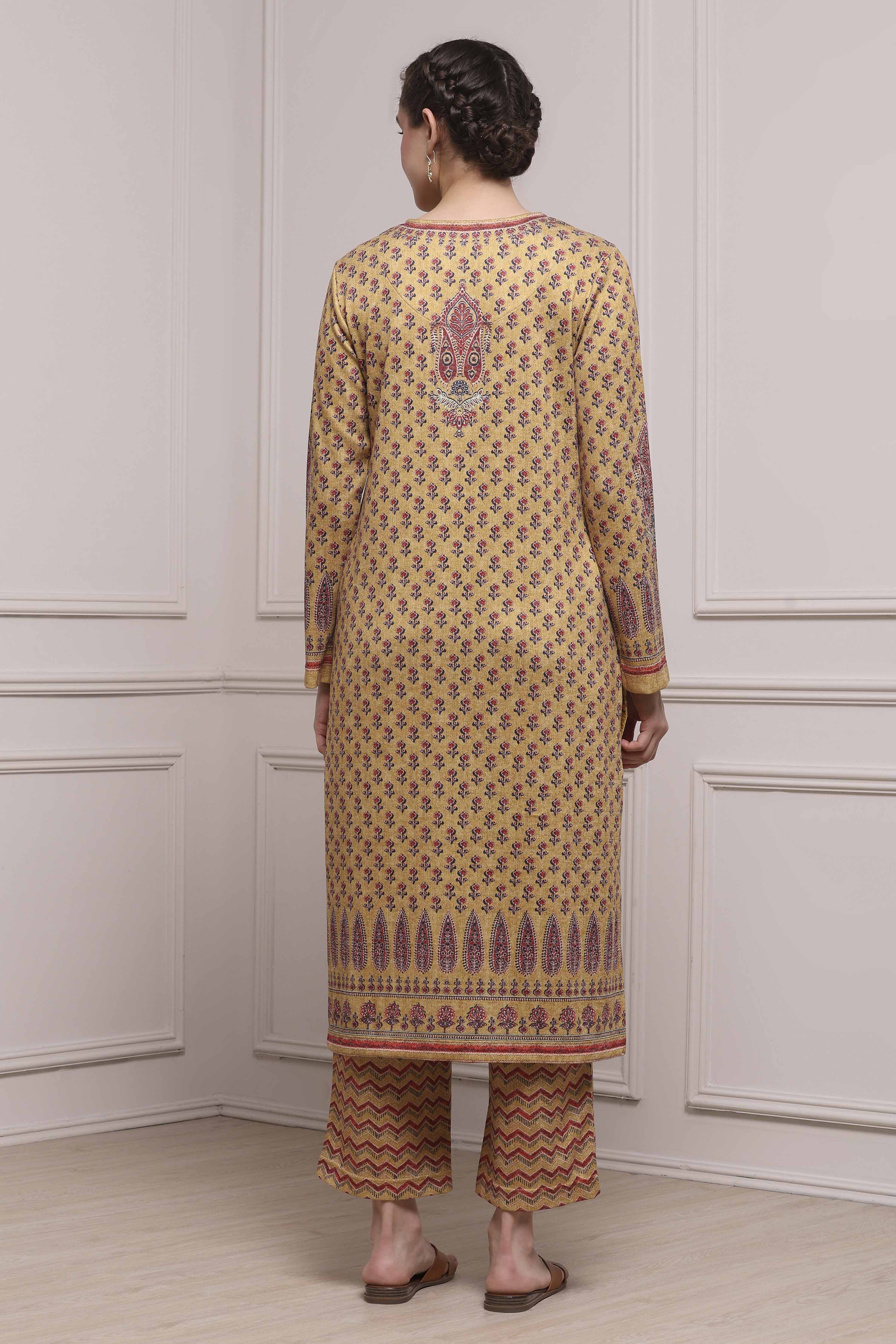 Mustard Blended Printed Straight Kurta Pants Set image number 4