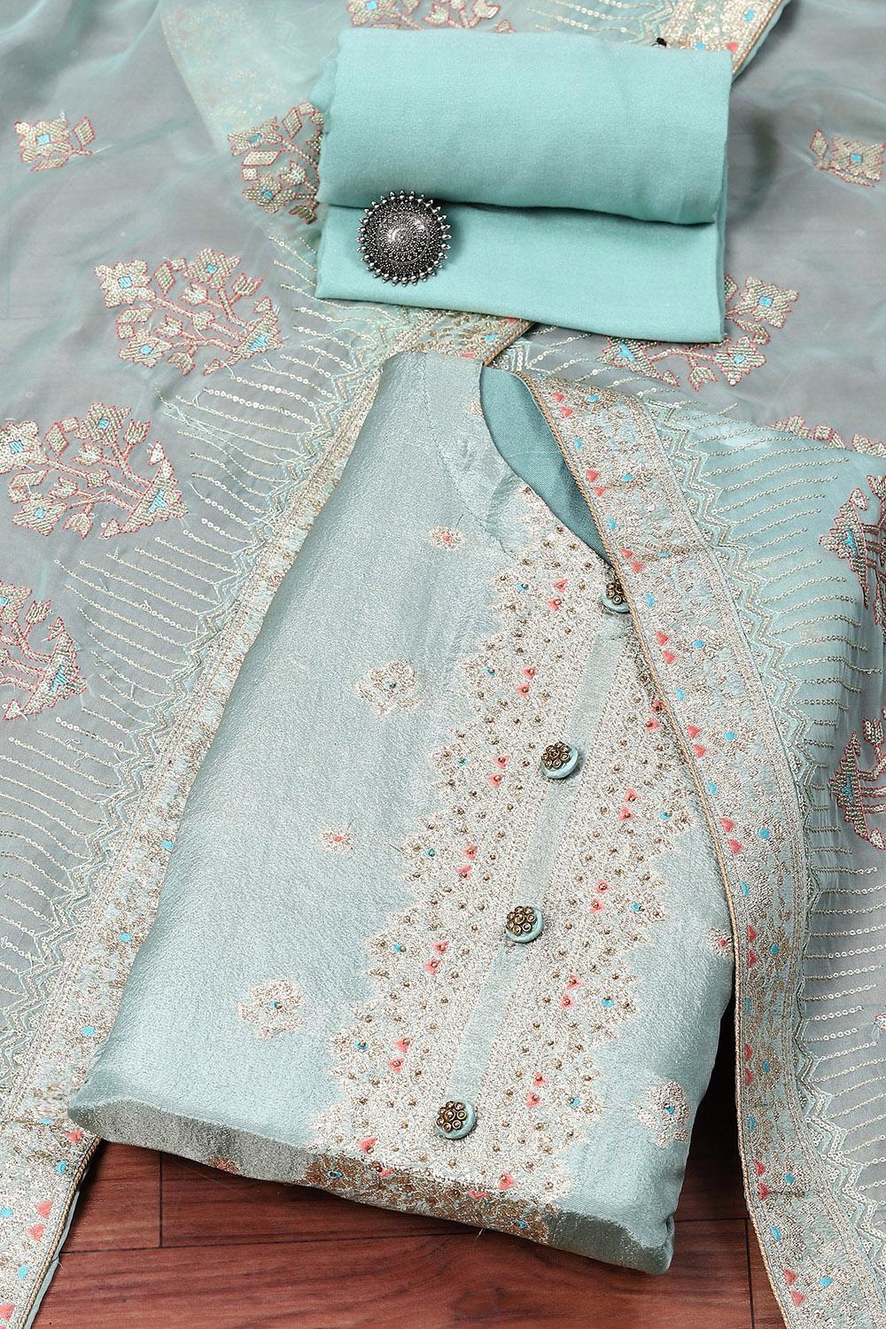 Turquoise Banarasi Silk Digital Print Unstitched Suit Set