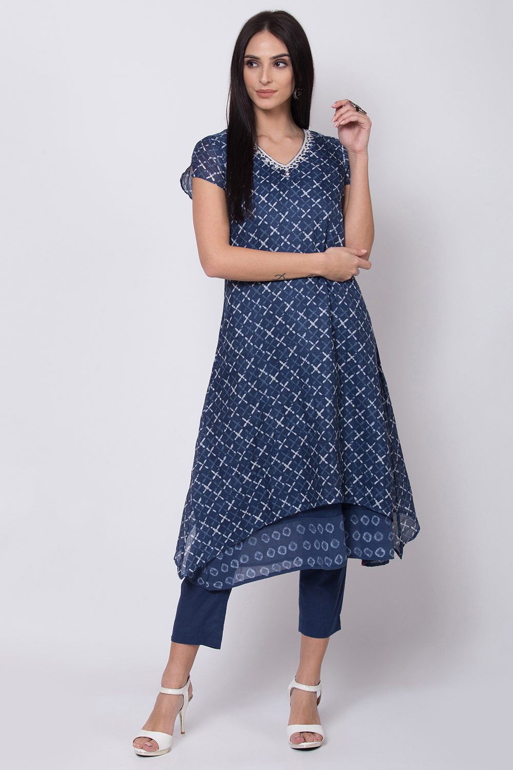 Blue Art Silk A-Line Kurta Slim Pant Suit Set image number 2