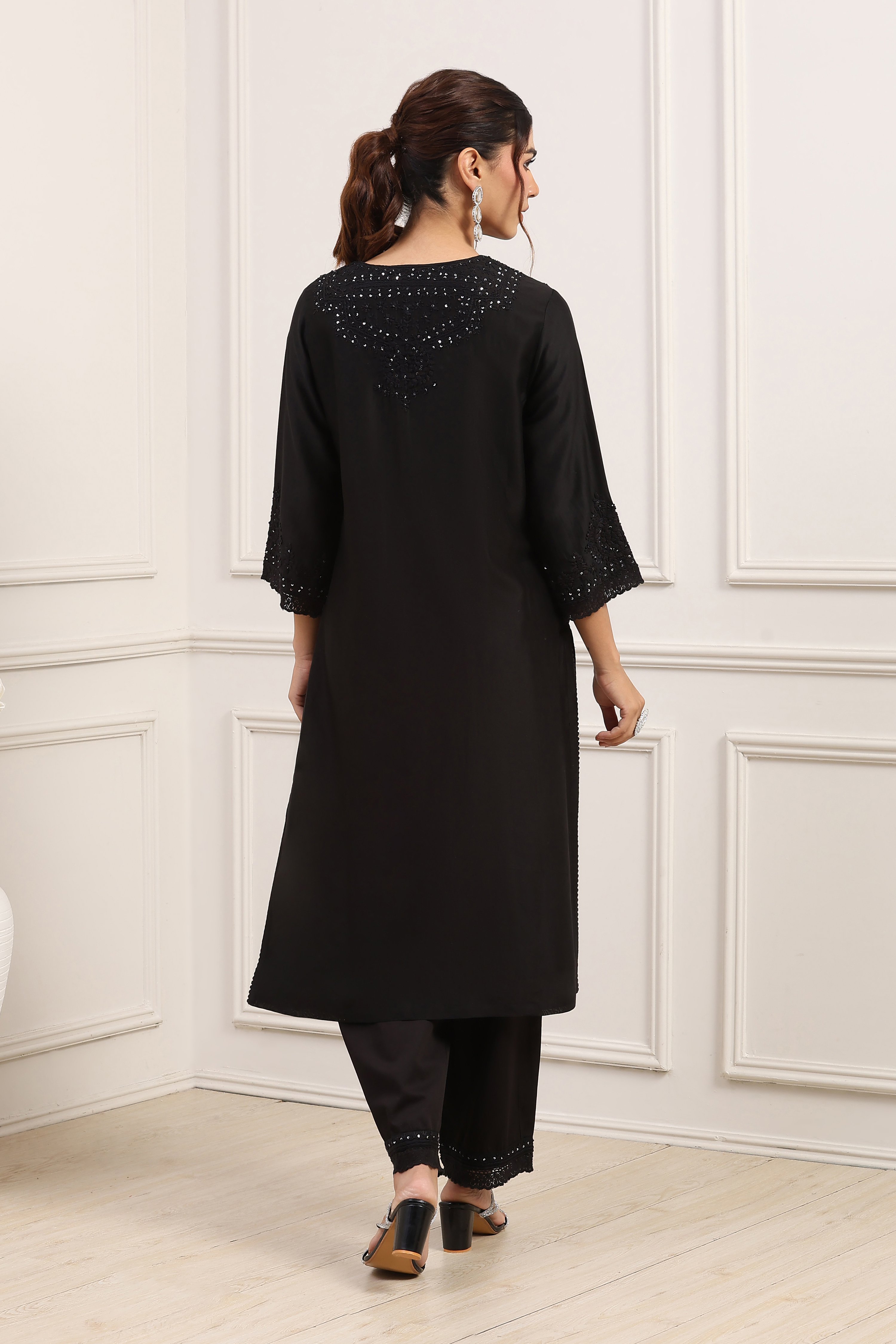 Black Silk Chanderi Sequined Straight Kurta Set image number 4