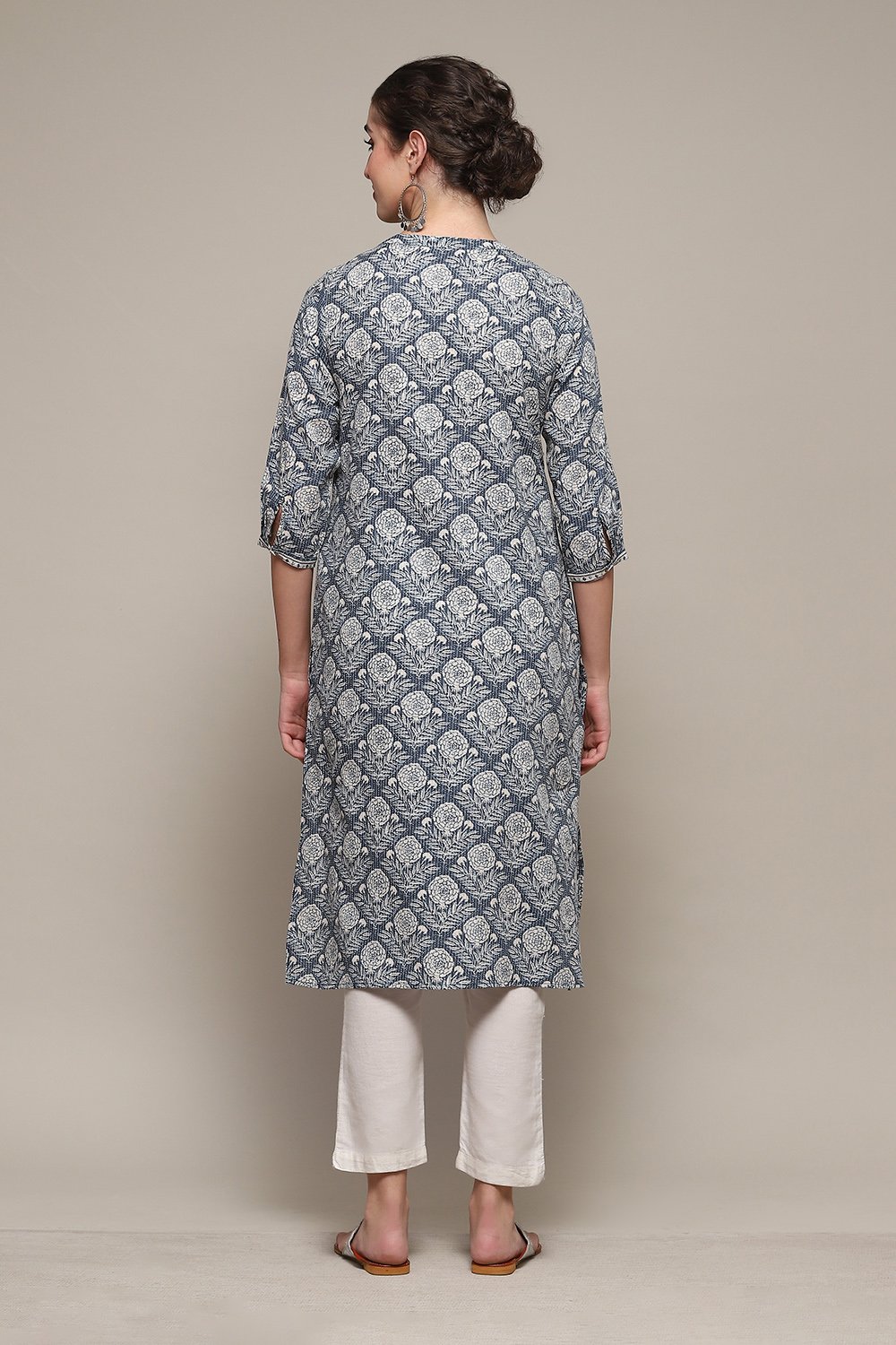 Blue Cotton Straight Printed Kurta image number 4