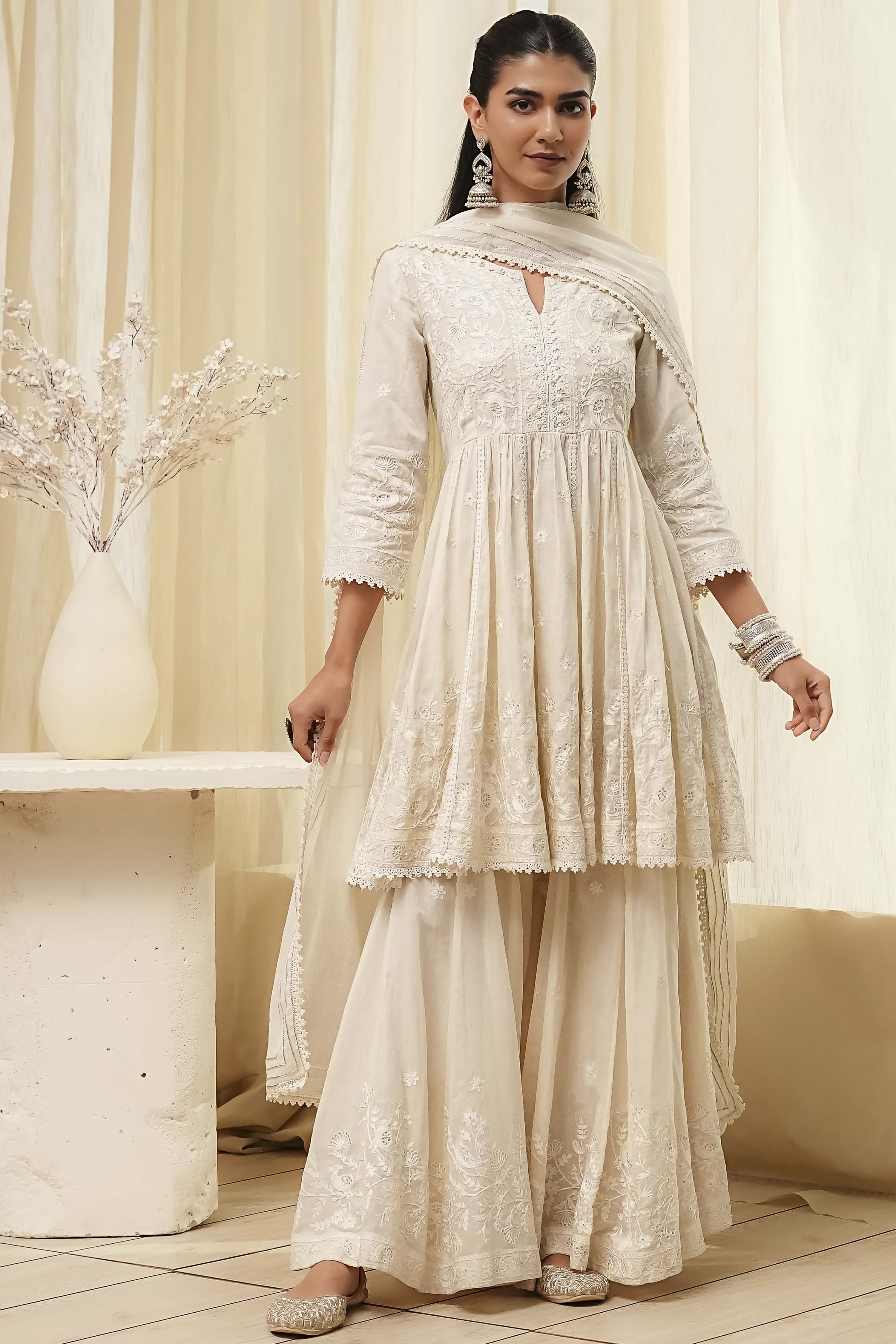 Off-White Cotton Embroidered Flared Suit Set image number 6