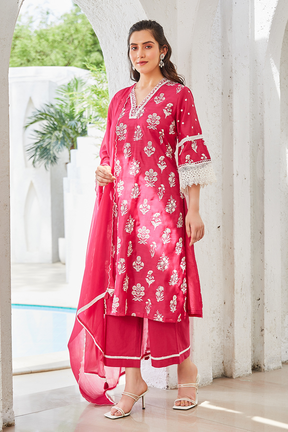 Fuchsia Embroidered Kurta & Palazzo Suit Set image number 3