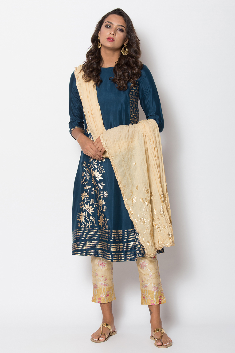 Navy Blue Viscose A-Line Printed Kurta image number 2